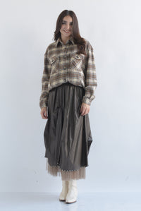 Fashion Styled Shacket cargo cuadros franela Café