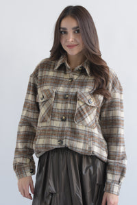 Fashion Styled Shacket cargo cuadros franela Café