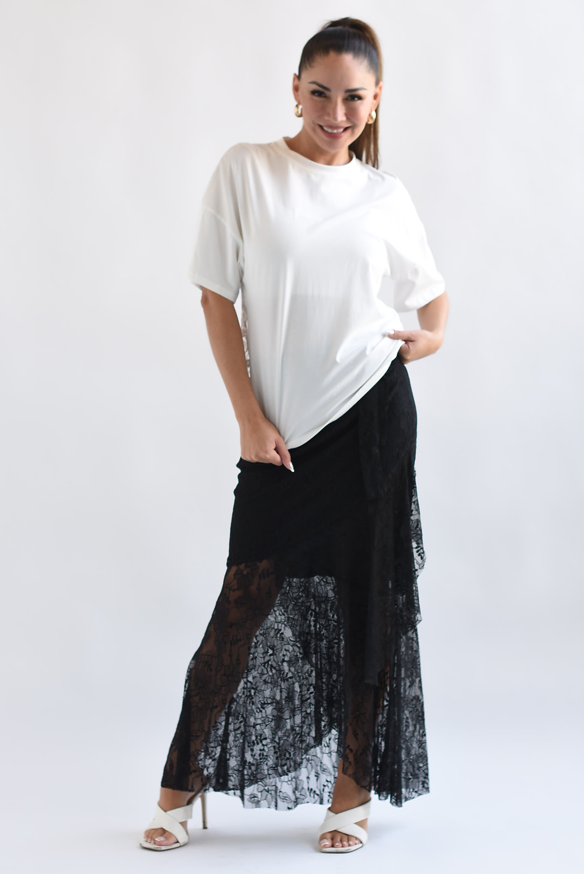 Falda olán cinta encaje Negro