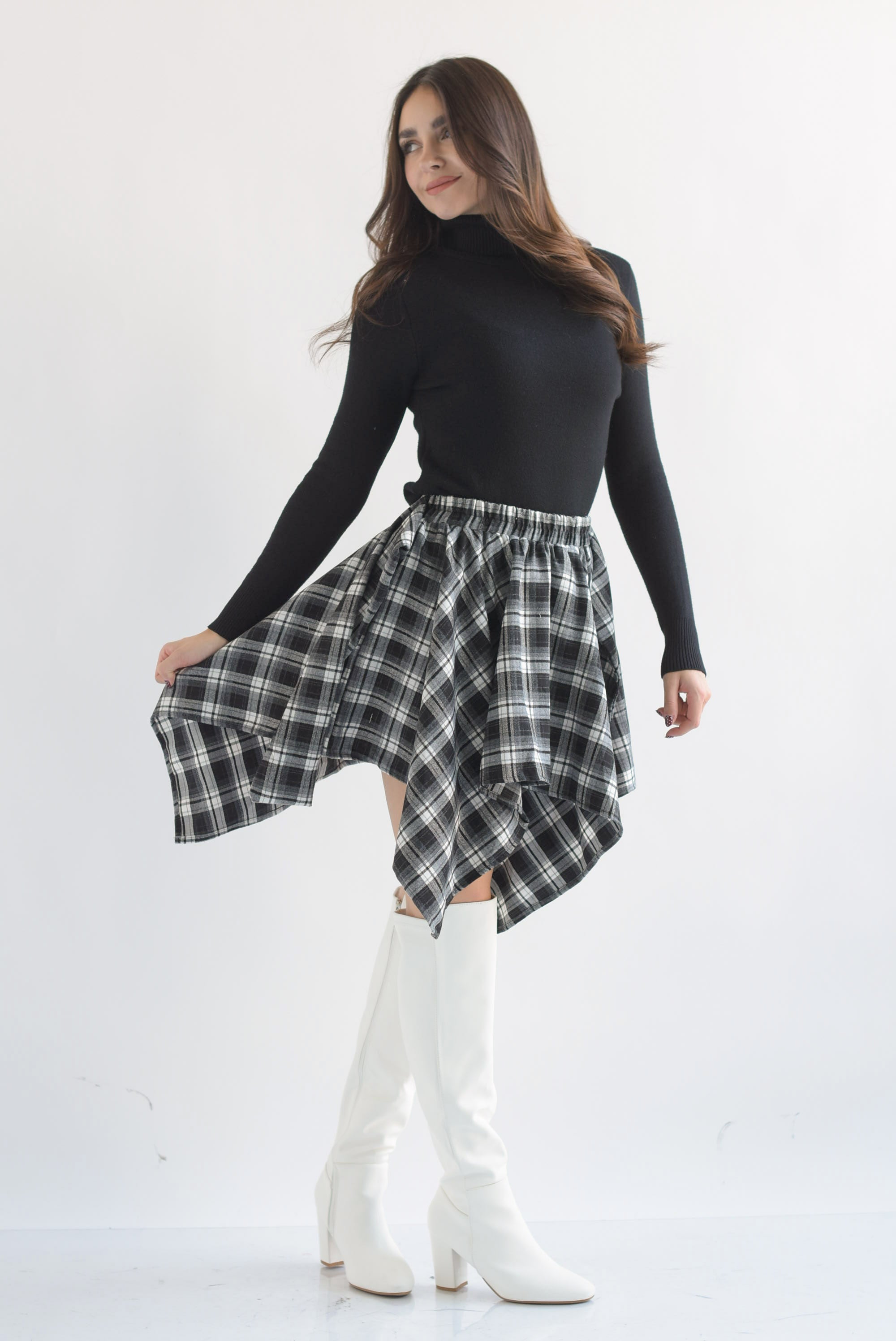 Falda asimétrica cuadros franela cinta Negro