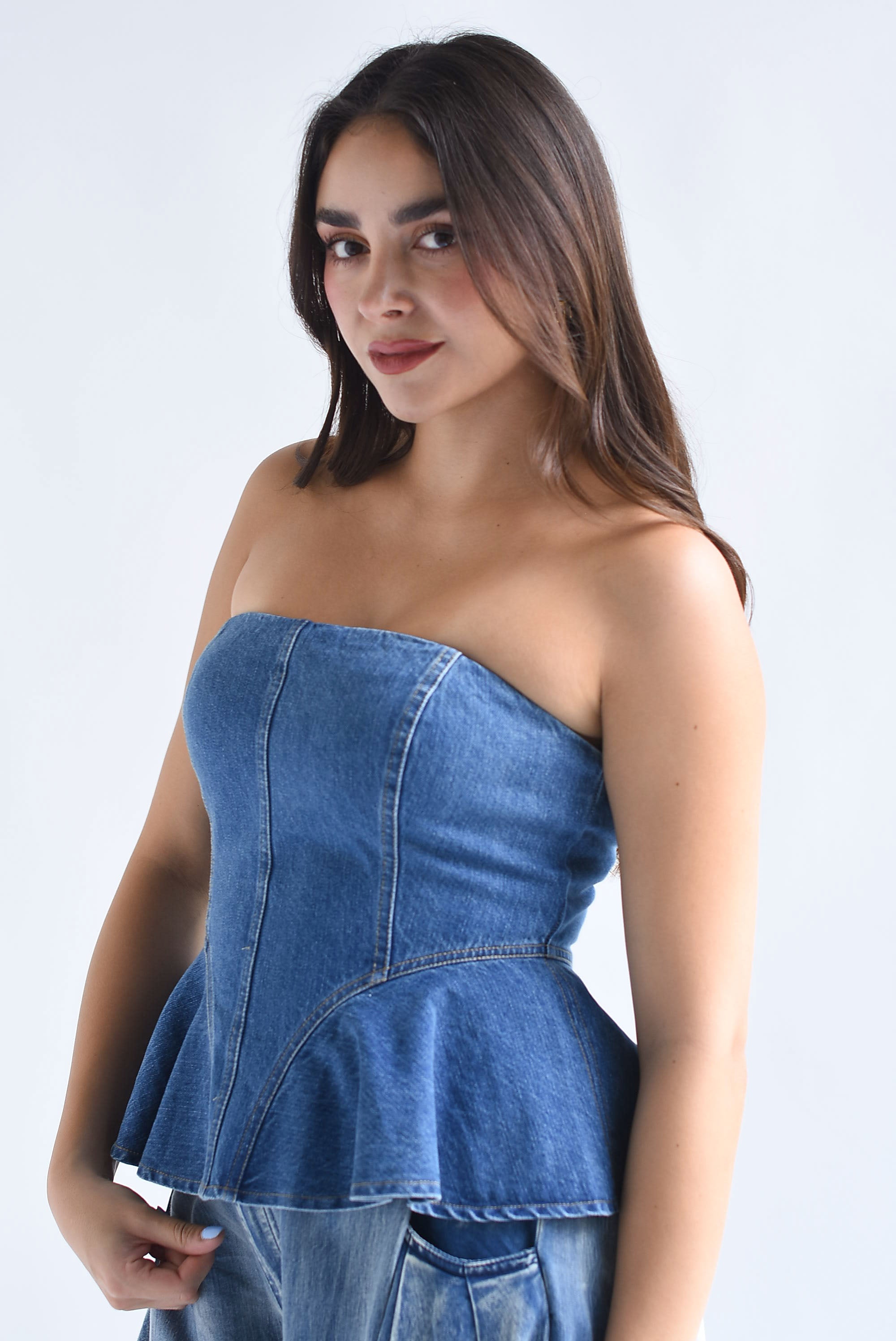 Top corset strapless peplum Denim