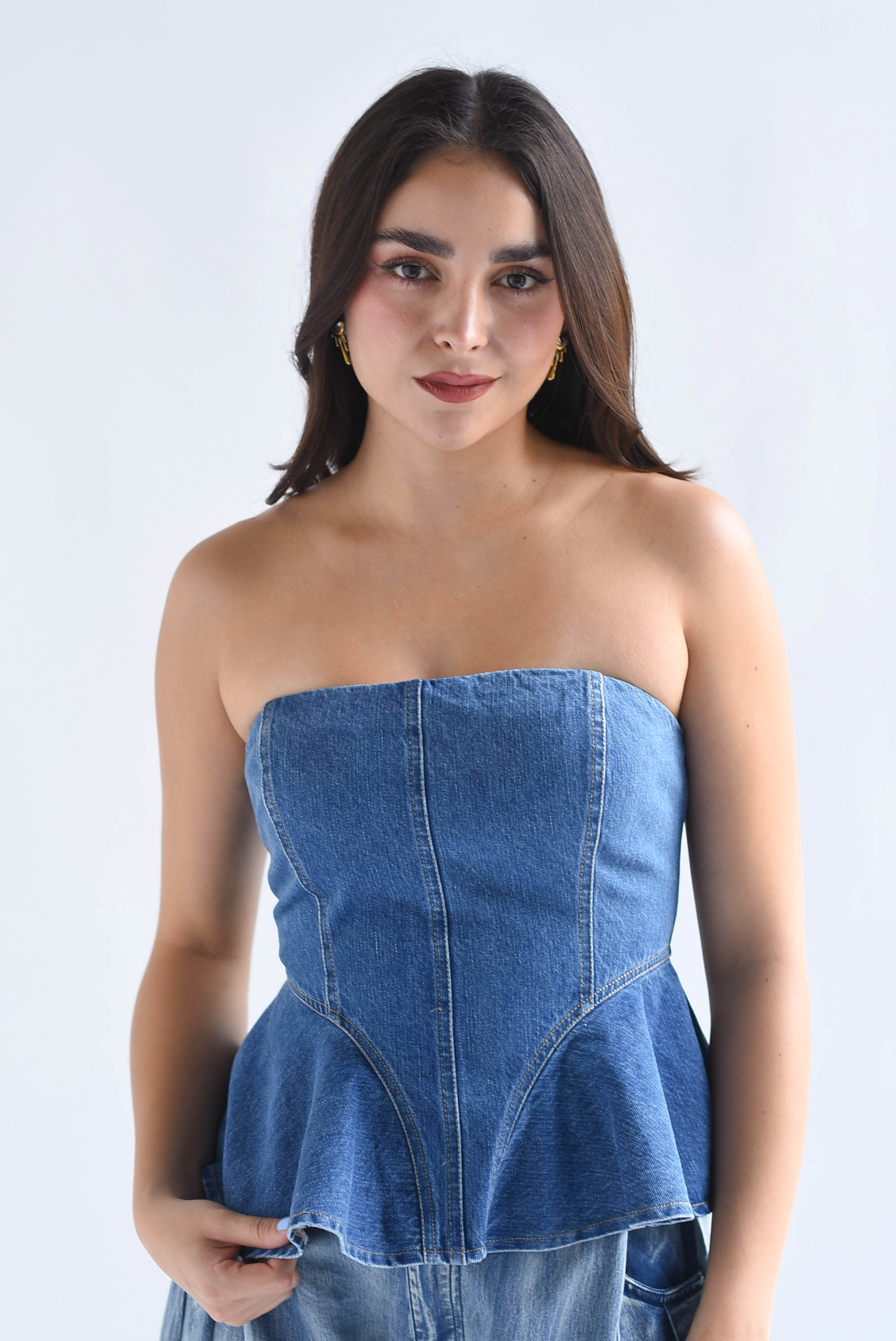 Top corset strapless peplum Denim