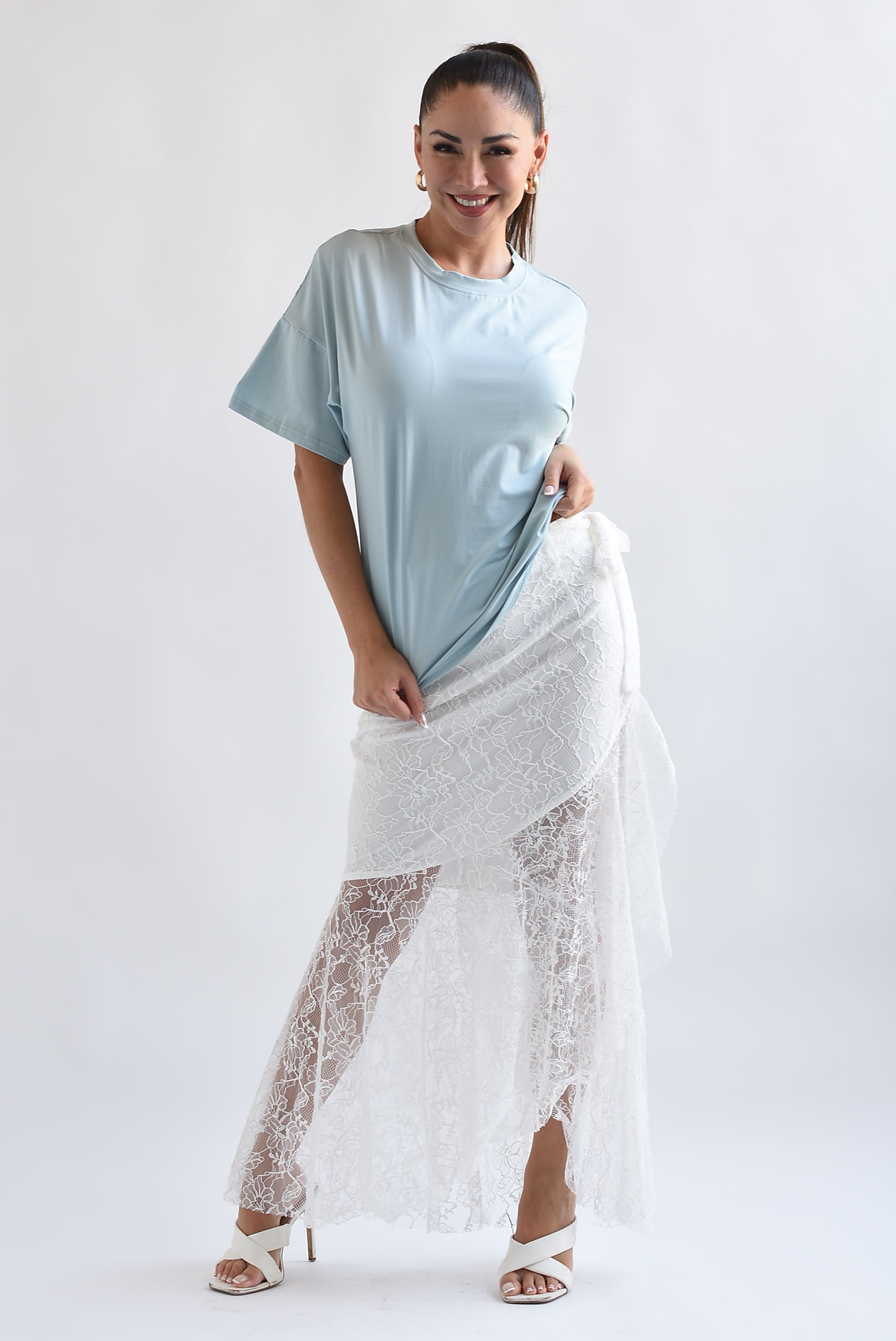 Falda olán cinta encaje Blanco