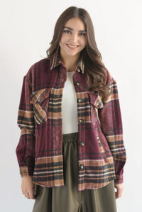 Fashion Styled Shacket cargo cuadros franela Vino