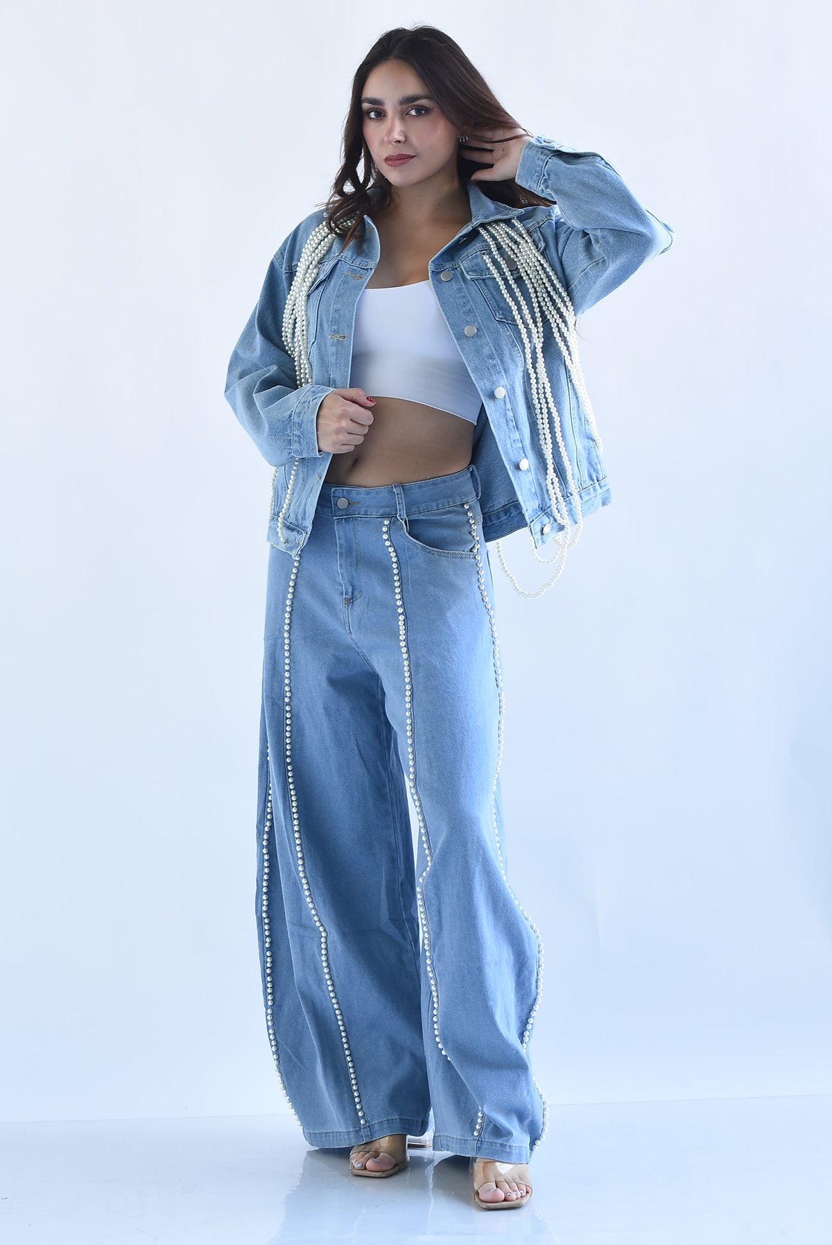 Chamarra Denim flecos perlas