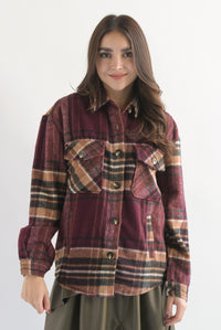 Fashion Styled Shacket cargo cuadros franela Vino