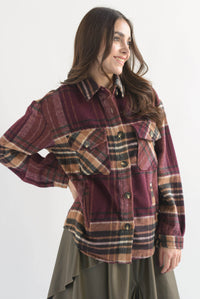 Fashion Styled Shacket cargo cuadros franela Vino