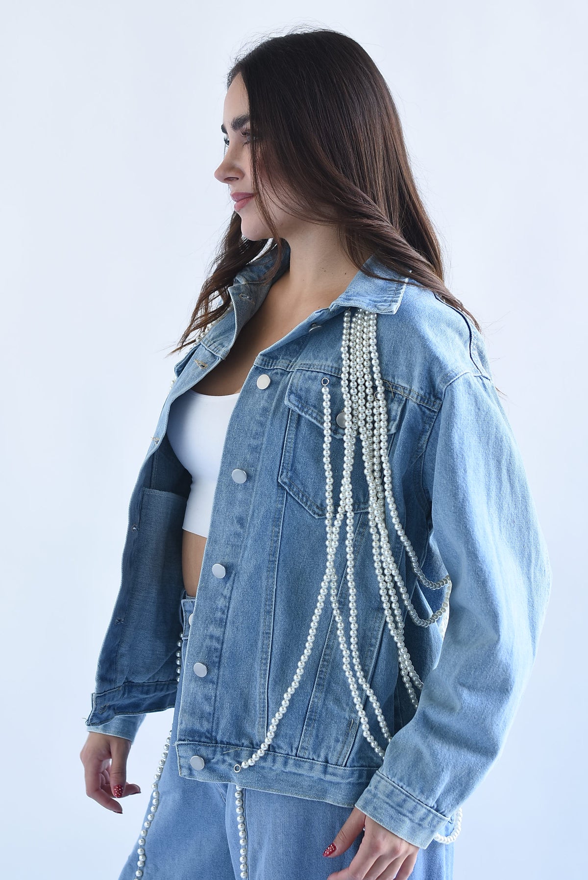 Chamarra Denim flecos perlas