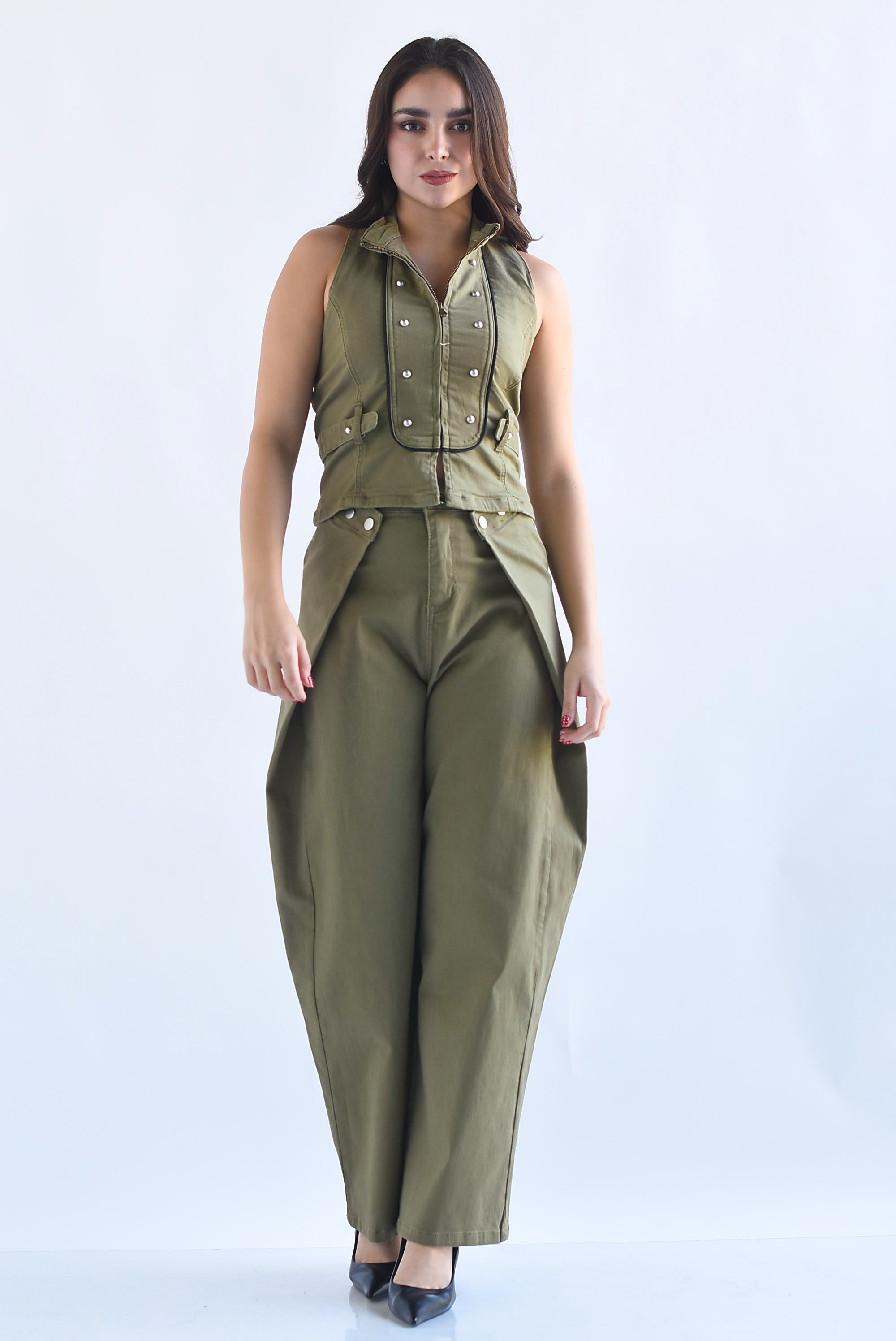 Set Pantalón barrel y Top halter Militar Denim