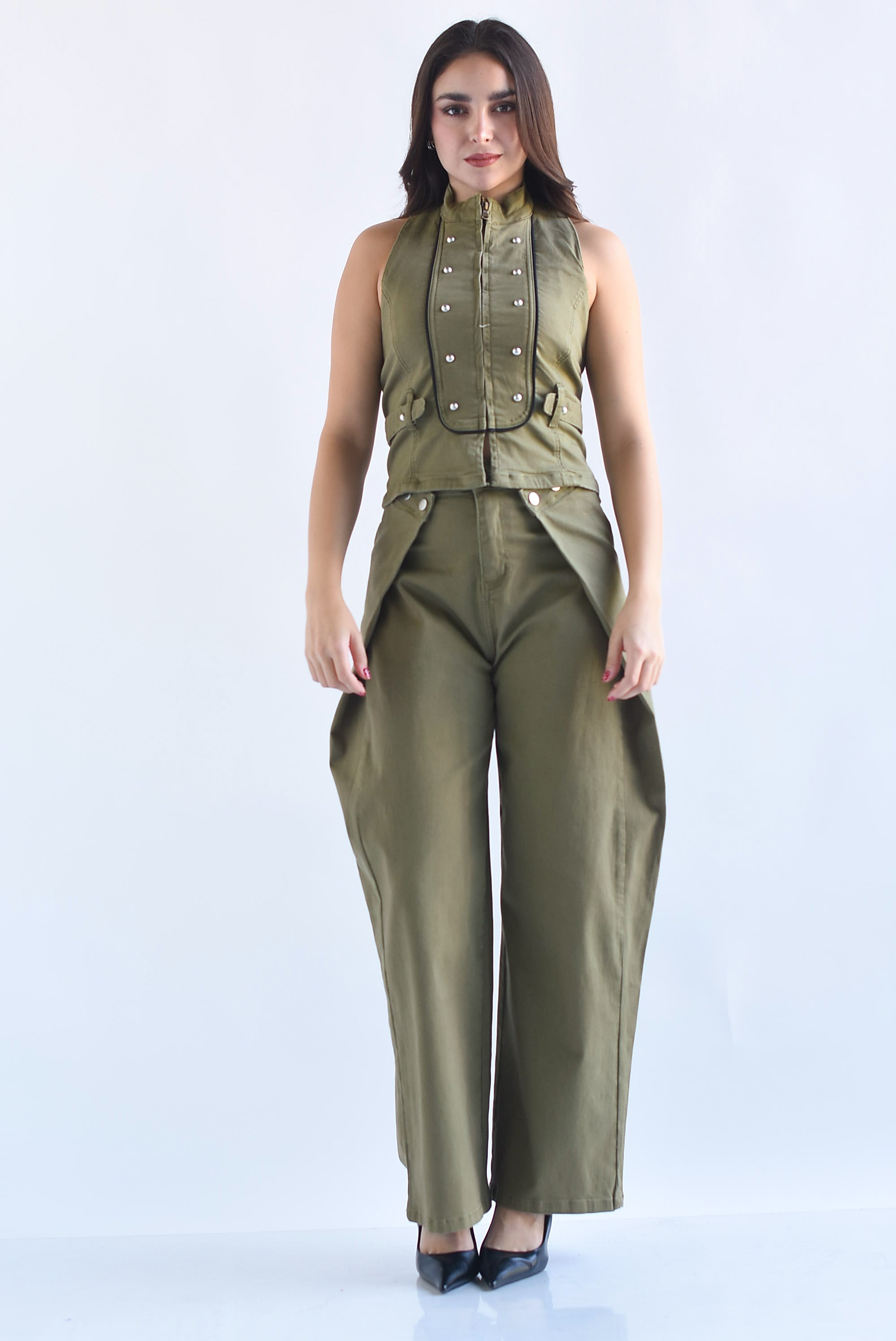 Set Pantalón barrel y Top halter Militar Denim