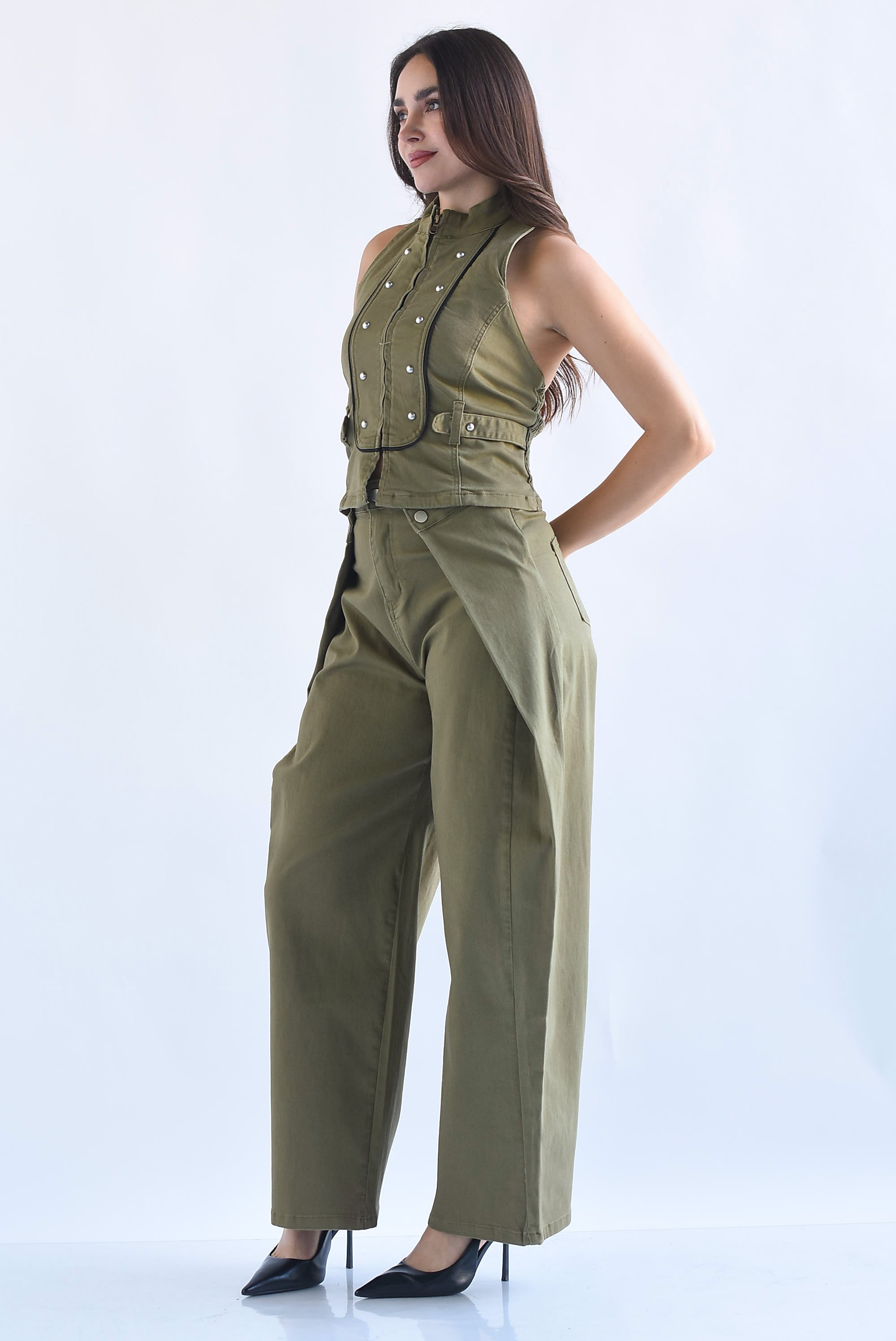 Set Pantalón barrel y Top halter Militar Denim