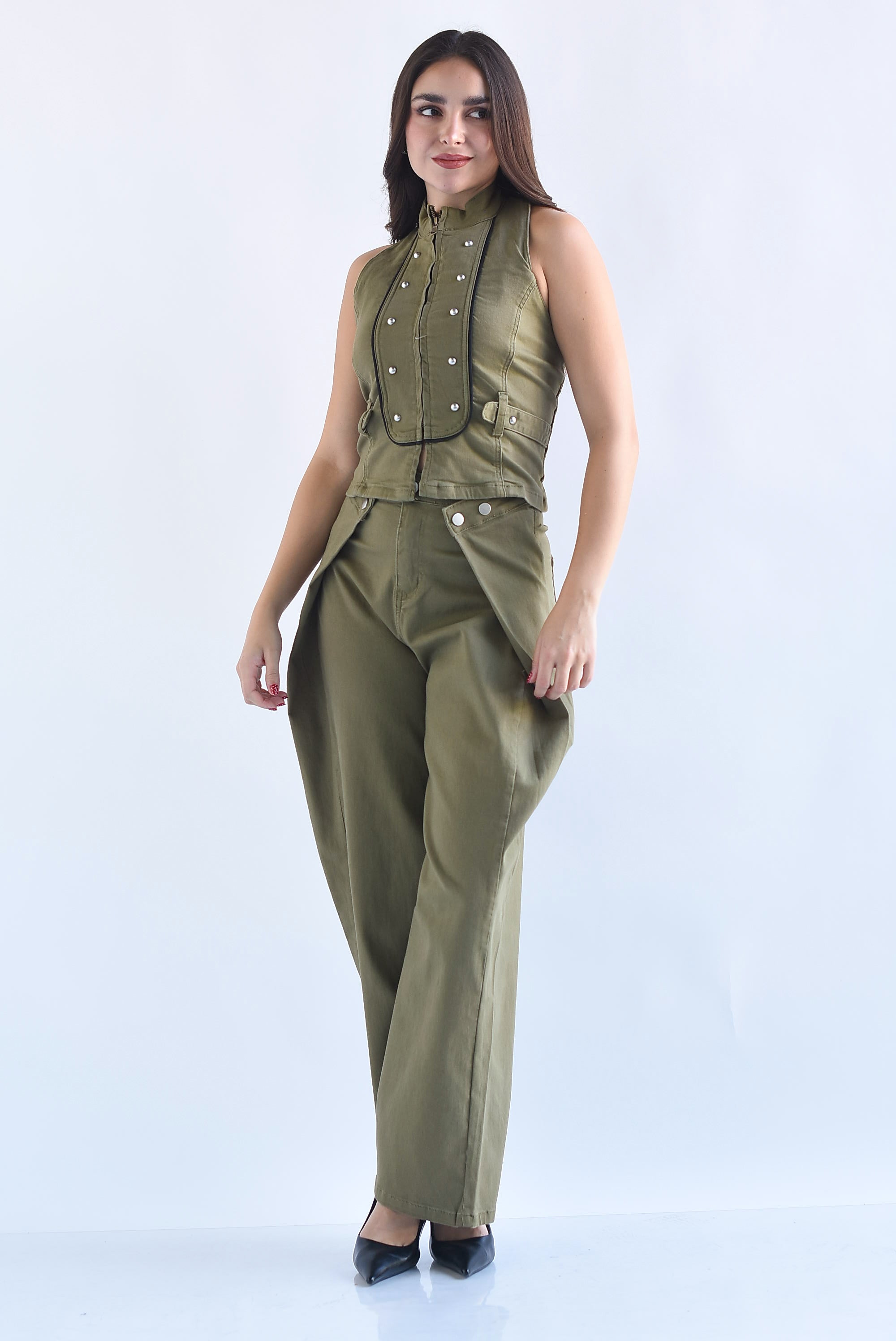 Set Pantalón barrel y Top halter Militar Denim