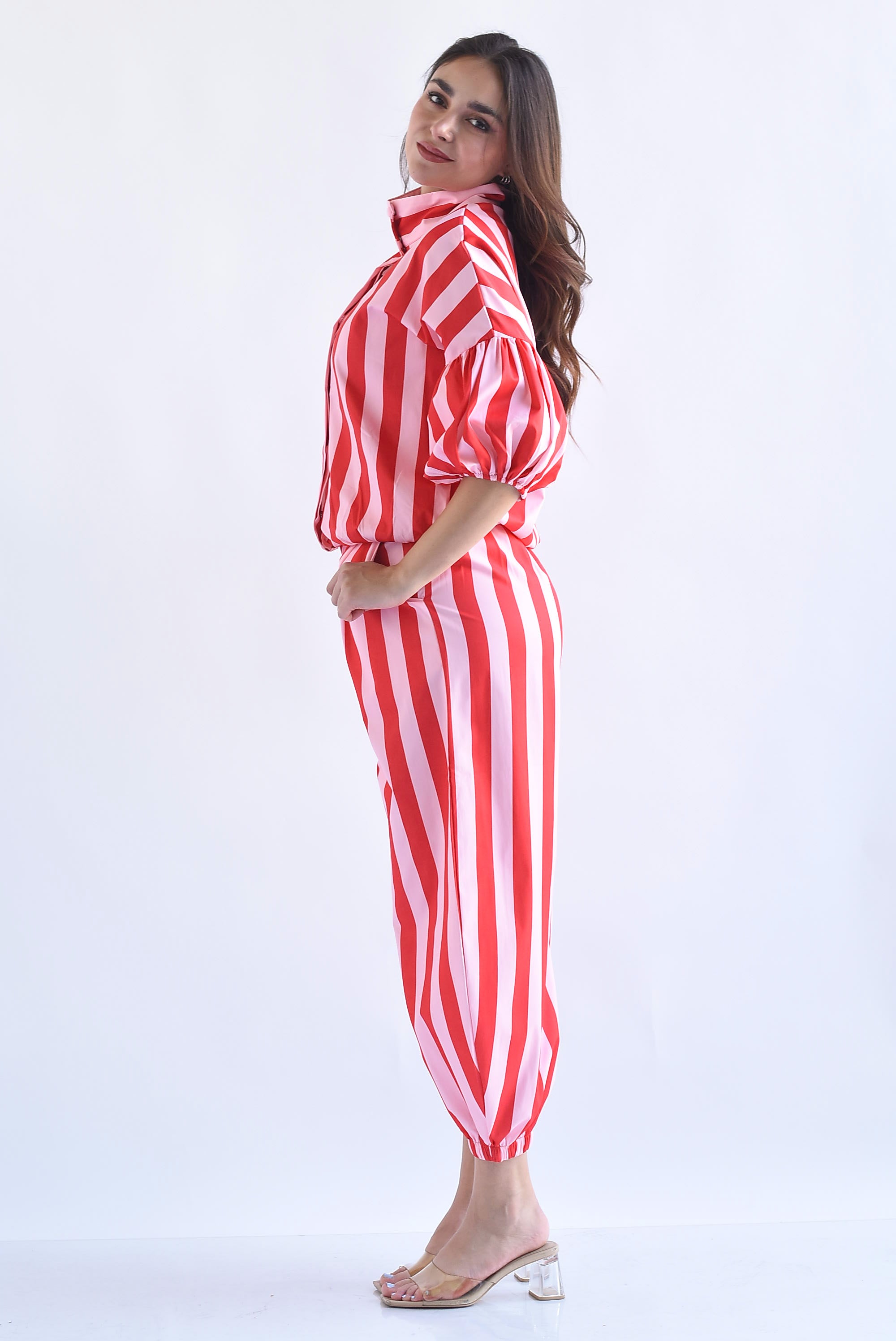 Set Pantalón globo y Blusa manga globo rayas bitono