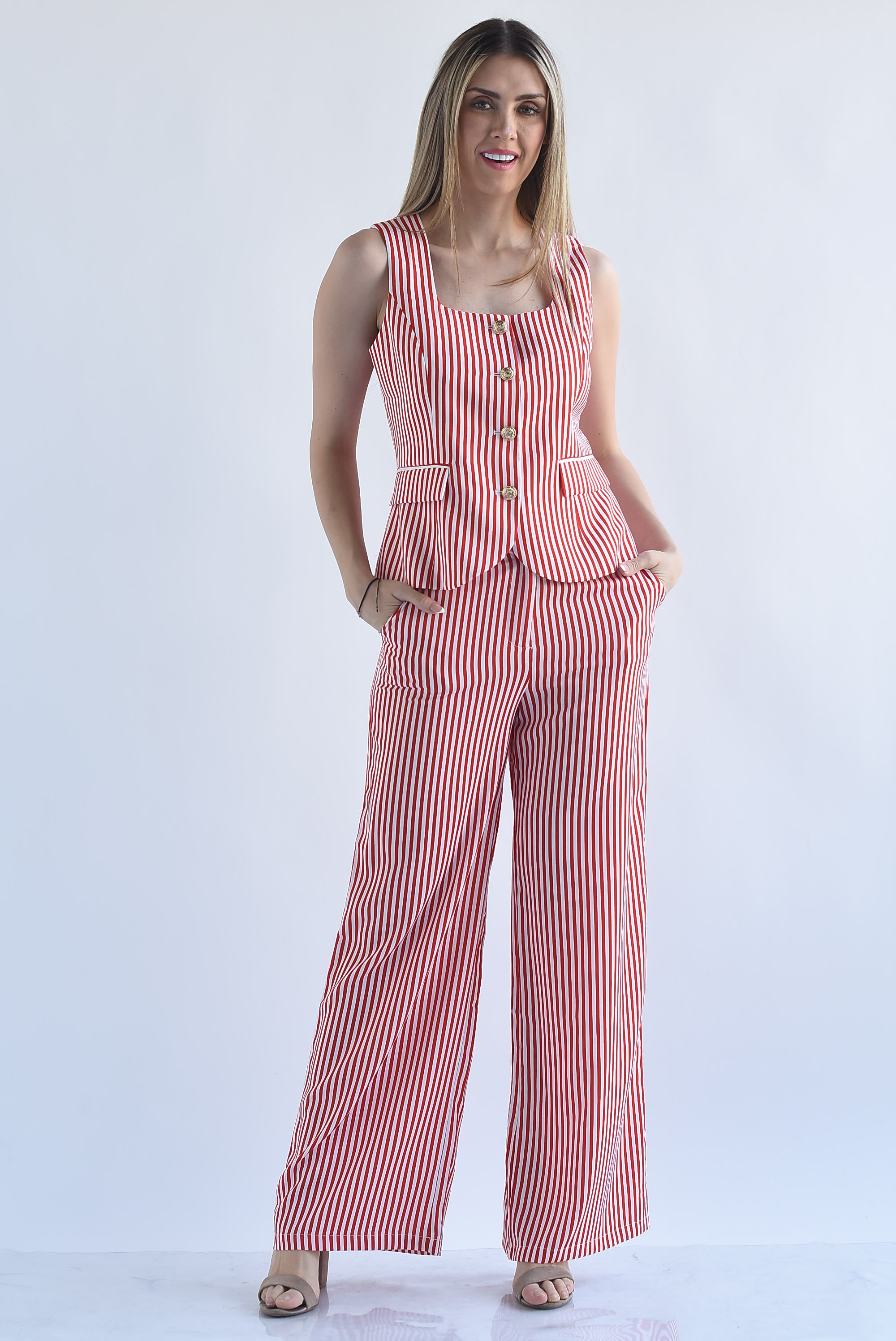 Set Pantalón y Chaleco cuello cuadrado rayas