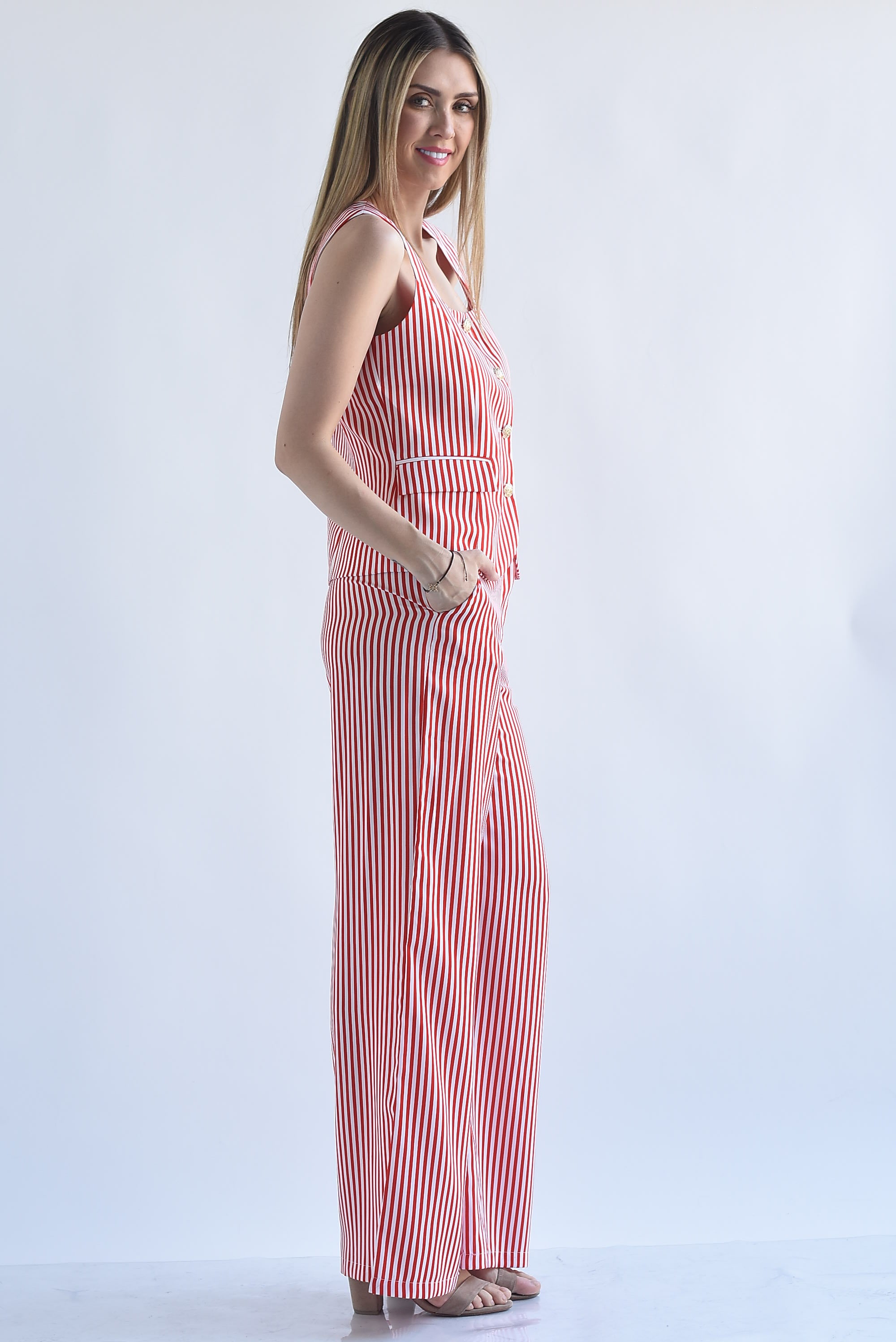 Set Pantalón y Chaleco cuello cuadrado rayas