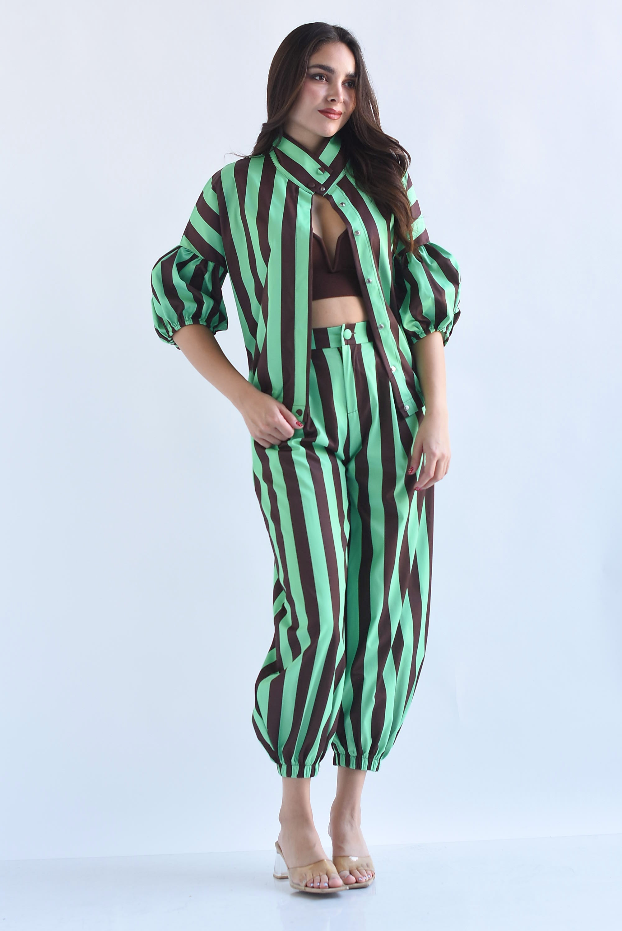 Set Pantalón globo y Blusa manga globo rayas bitono