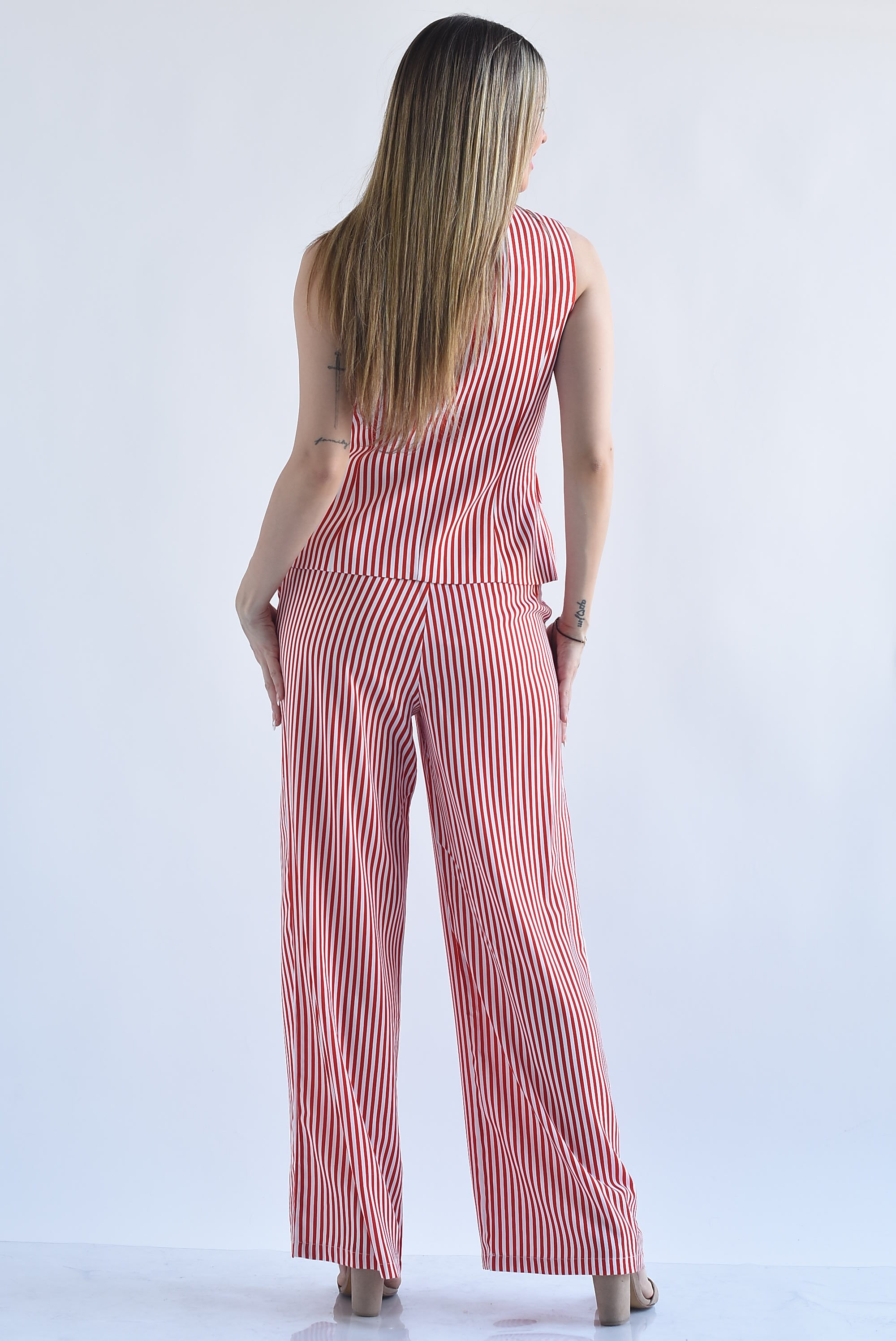 Set Pantalón y Chaleco cuello cuadrado rayas