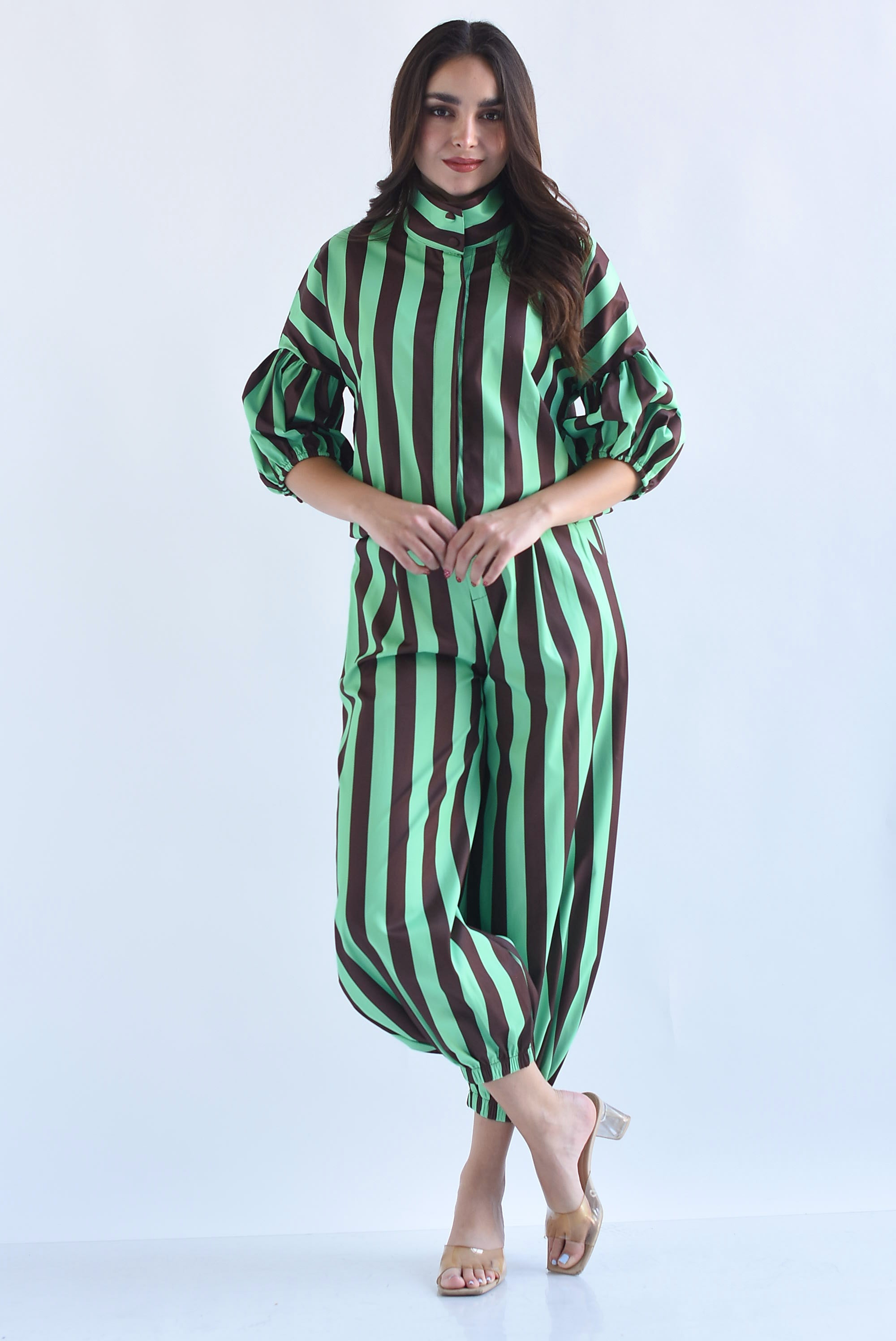 Set Pantalón globo y Blusa manga globo rayas bitono