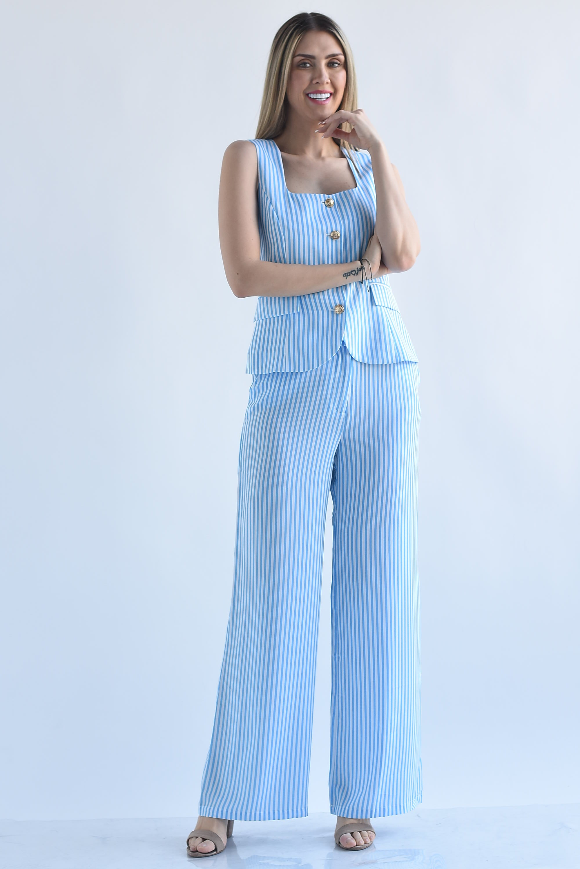 Set Pantalón y Chaleco cuello cuadrado rayas