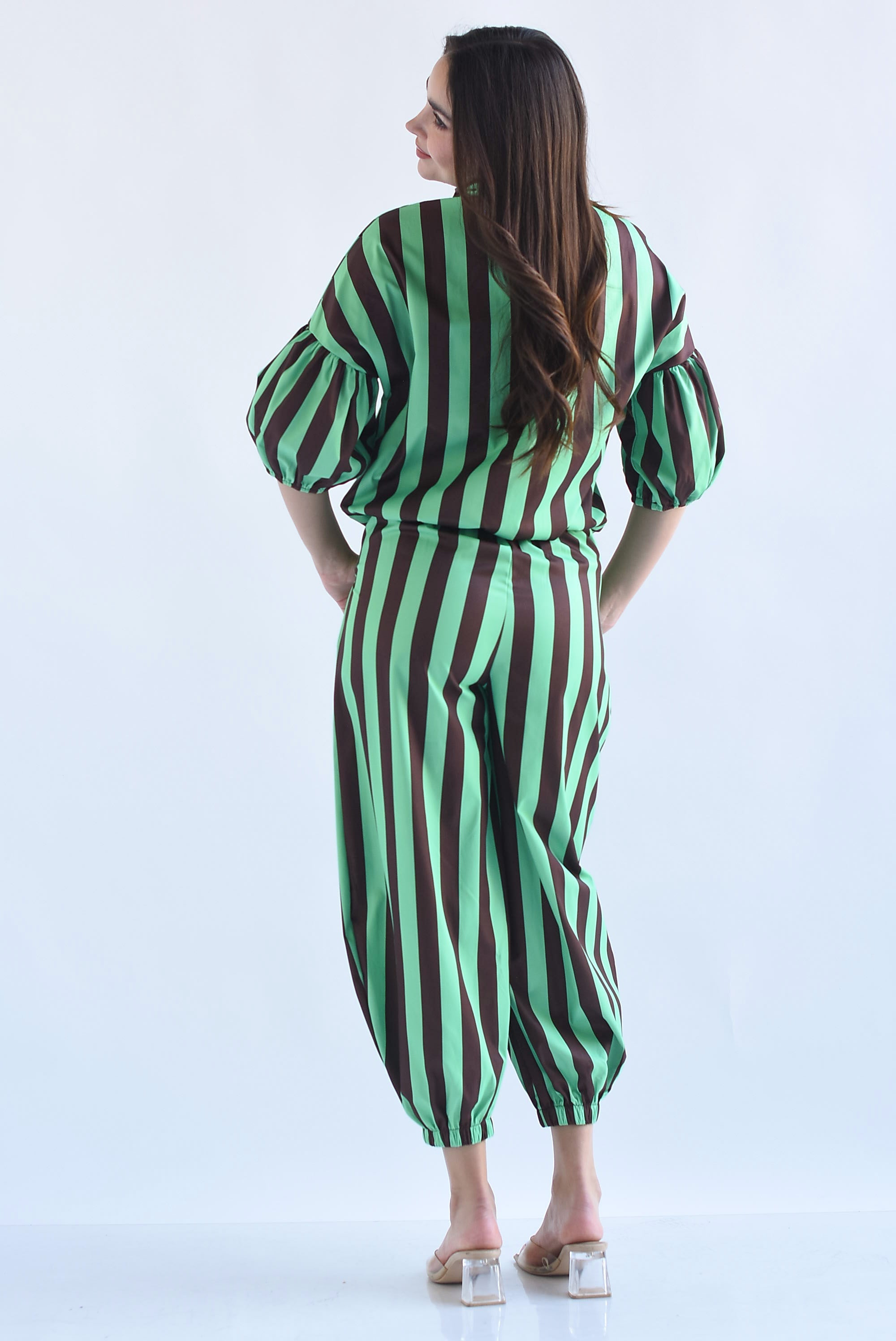 Set Pantalón globo y Blusa manga globo rayas bitono