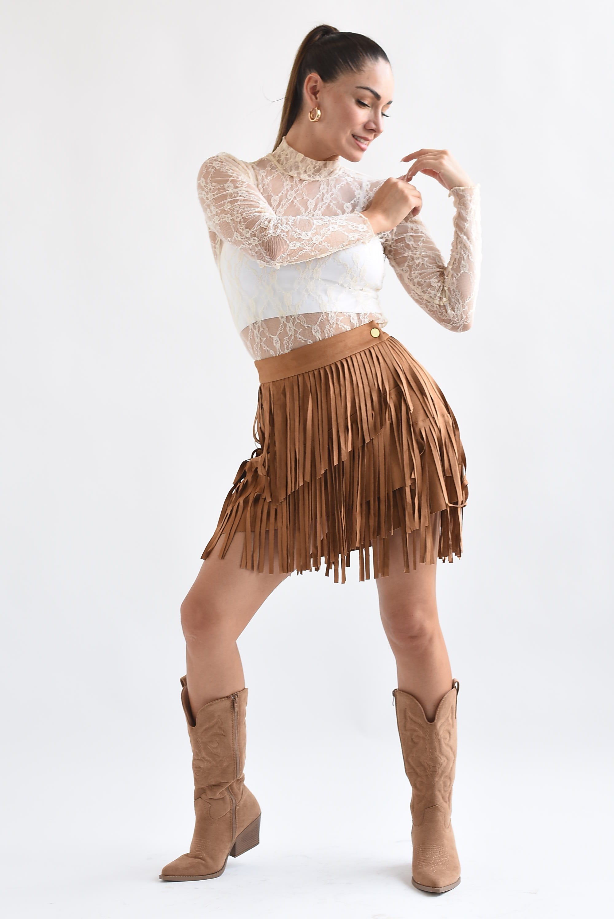 Falda envolvente suede flecos Camel