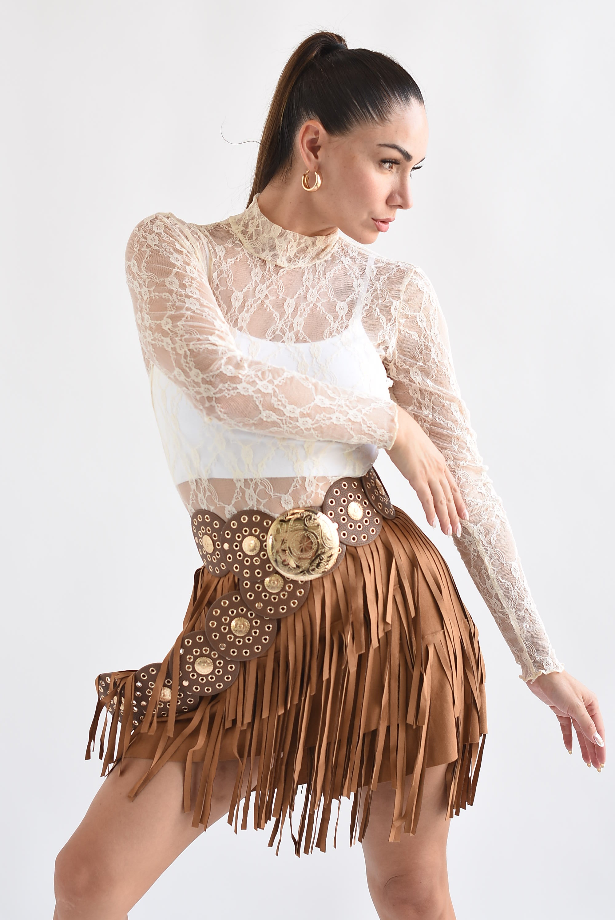 Falda envolvente suede flecos Camel