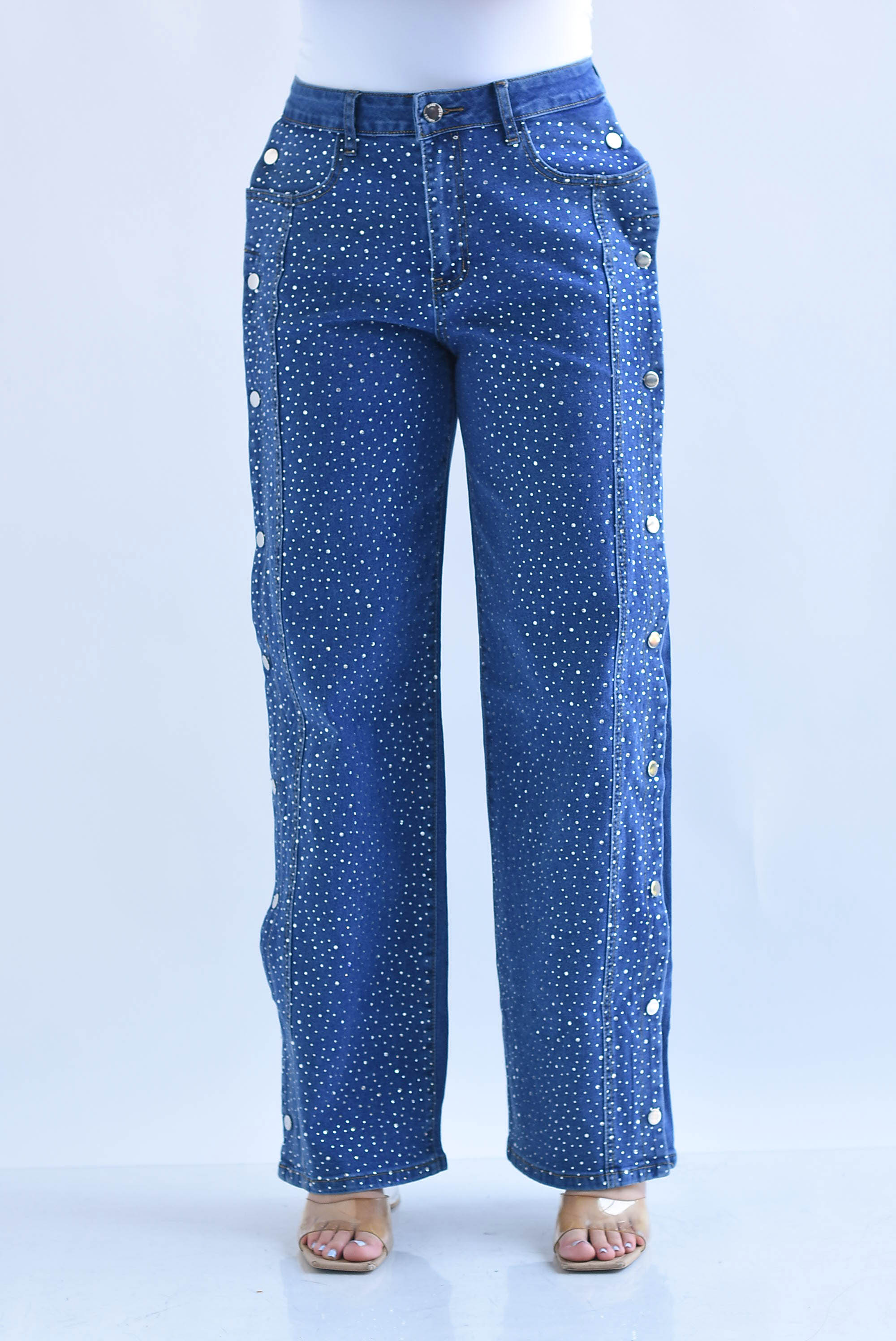 Jeans brillos broches lateral