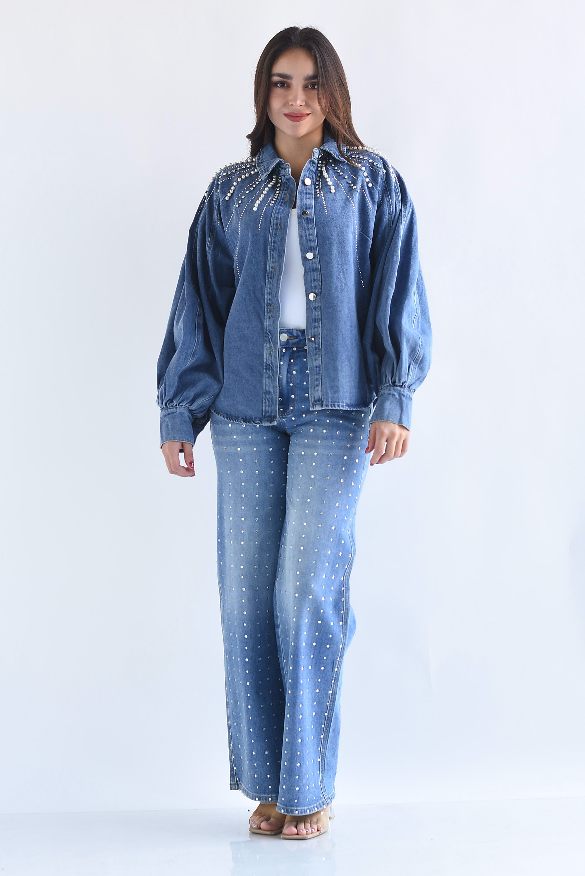 Shacket Denim manga globo perlas y brillos
