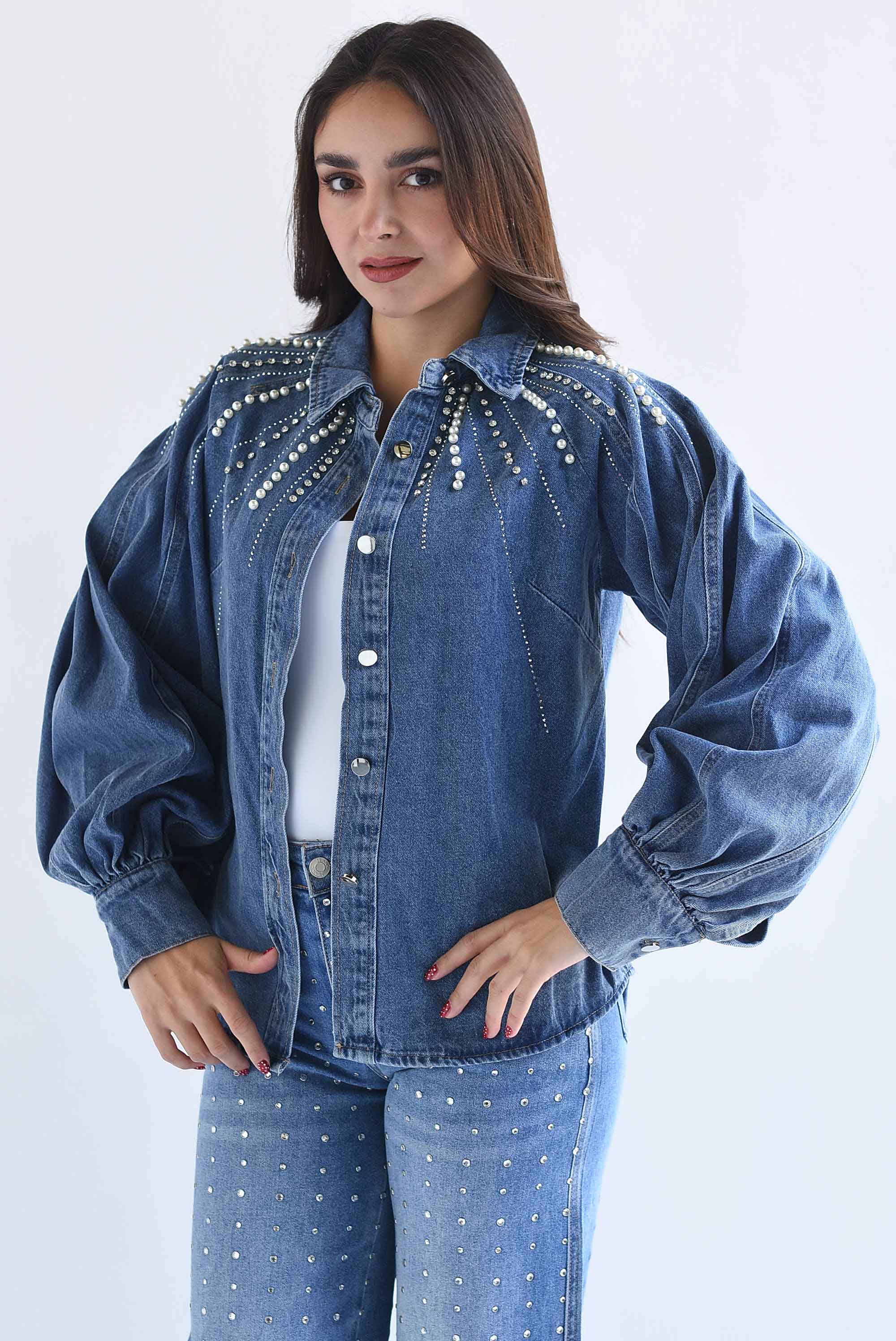 Shacket Denim manga globo perlas y brillos