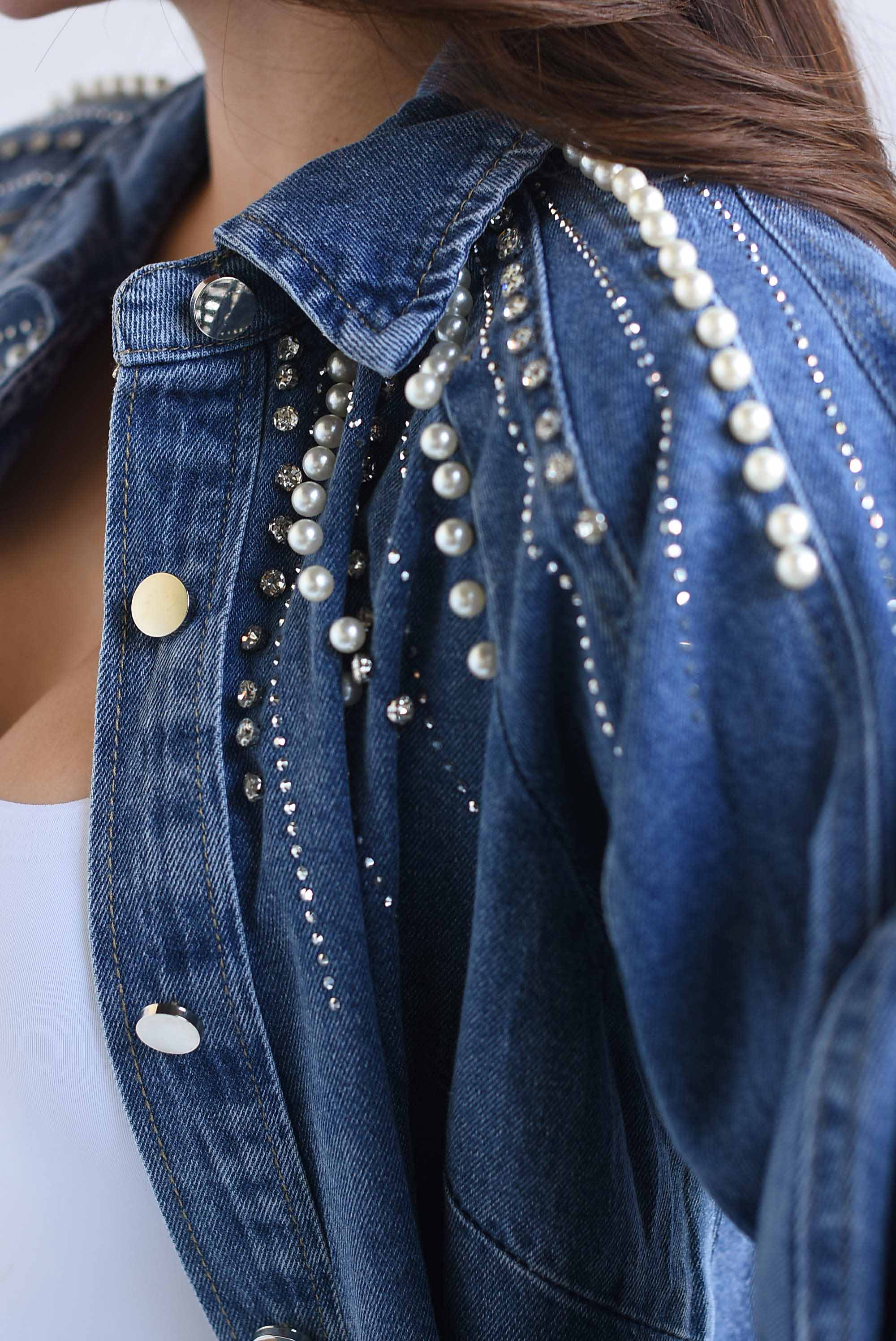 Shacket Denim manga globo perlas y brillos