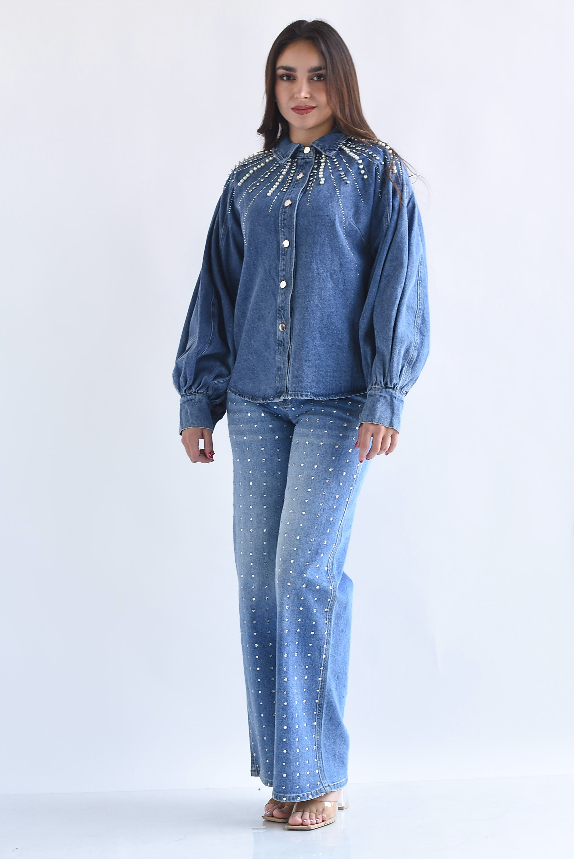 Shacket Denim manga globo perlas y brillos
