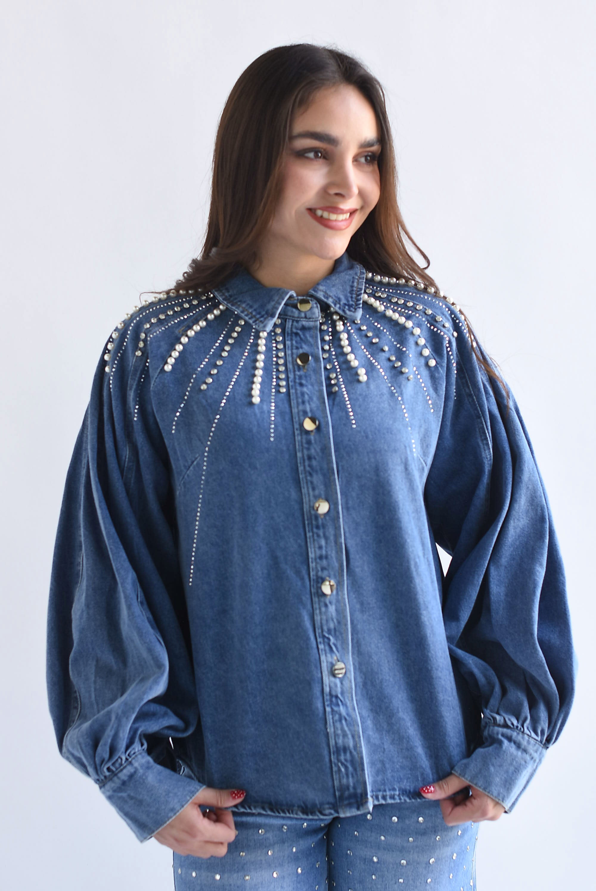 Shacket Denim manga globo perlas y brillos