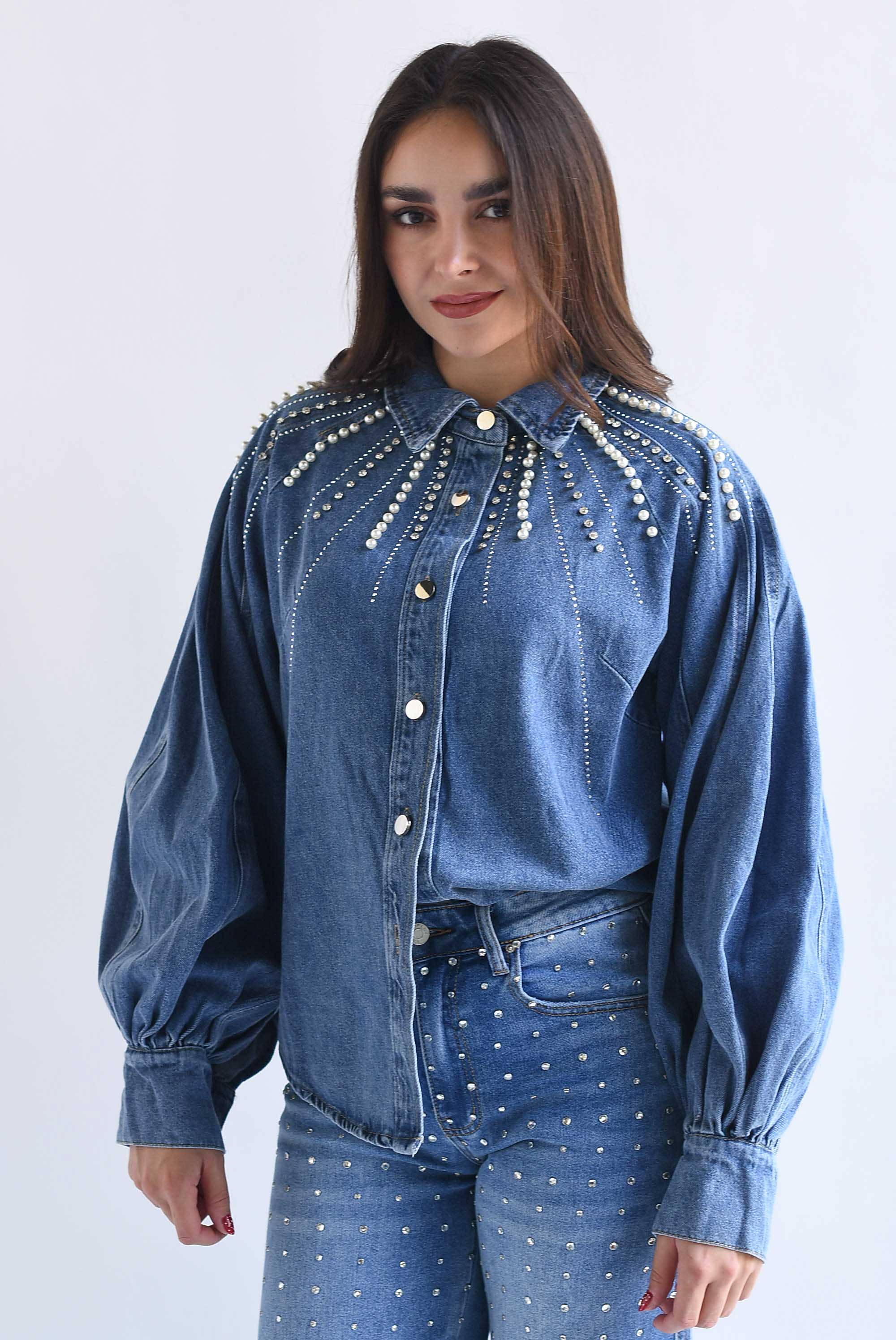 Shacket Denim manga globo perlas y brillos