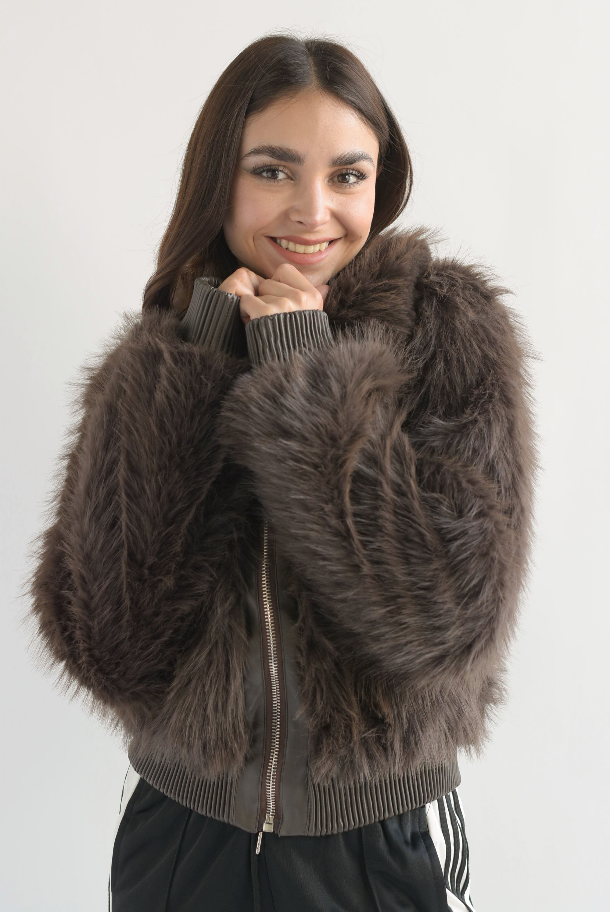 Chamarra bomber faux fur con vinipiel Espresso