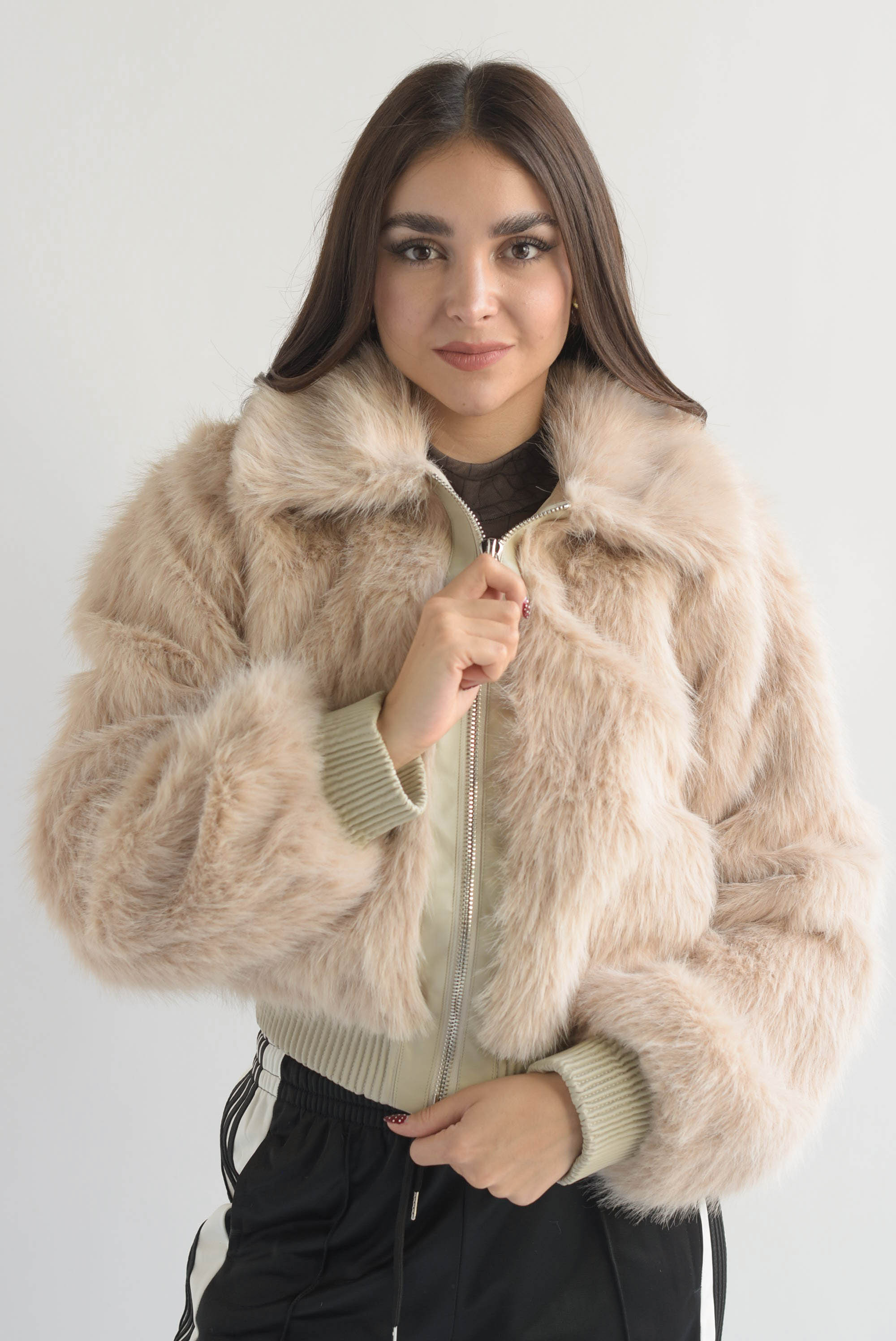 Chamarra bomber faux fur con vinipiel Moka