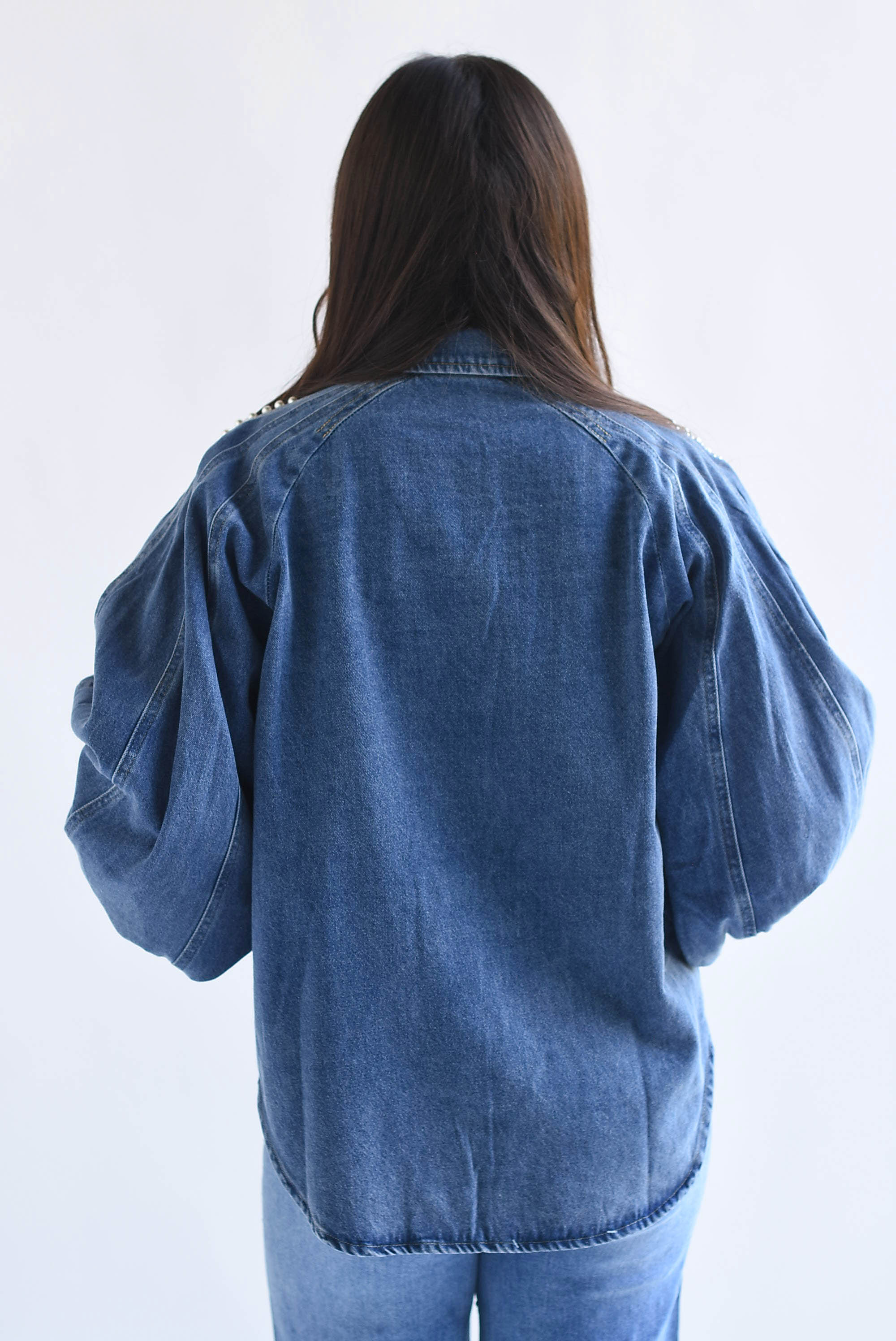 Shacket Denim manga globo perlas y brillos