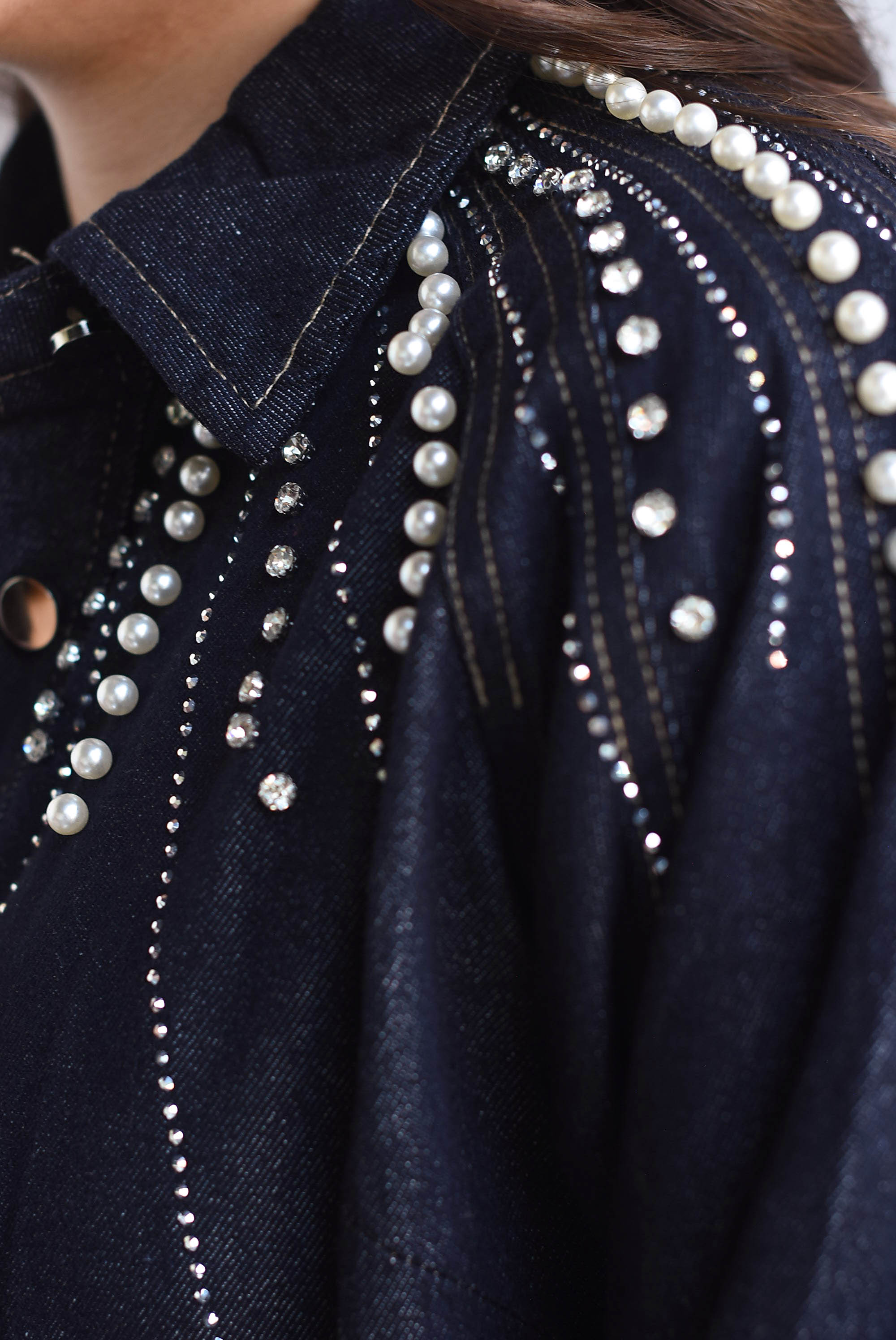 Shacket Denim manga globo perlas y brillos