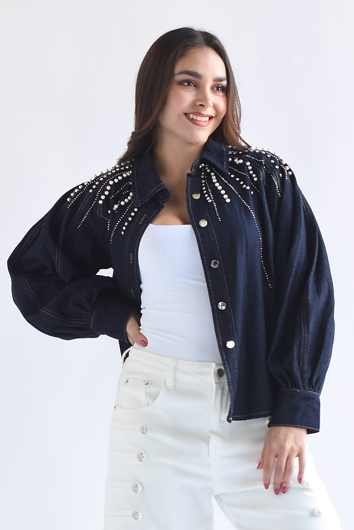 Shacket Denim manga globo perlas y brillos