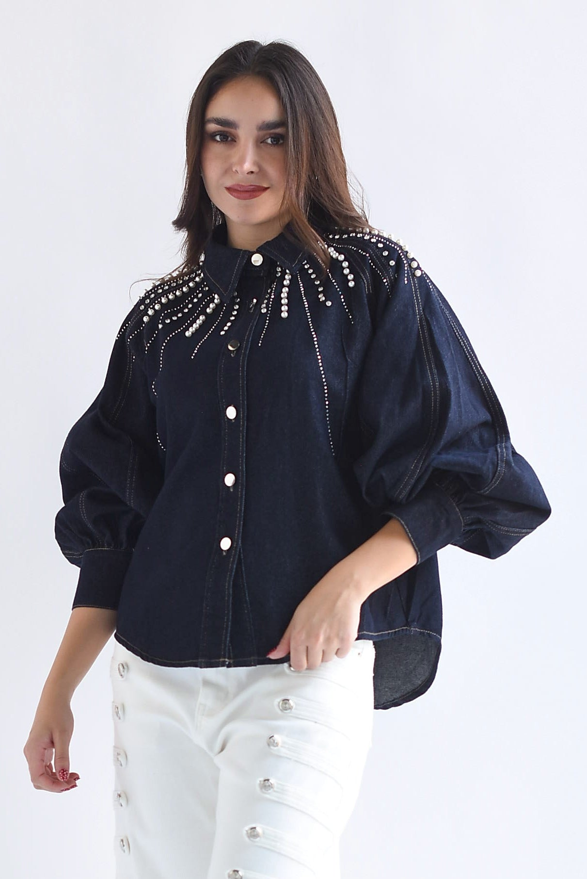 Shacket Denim manga globo perlas y brillos