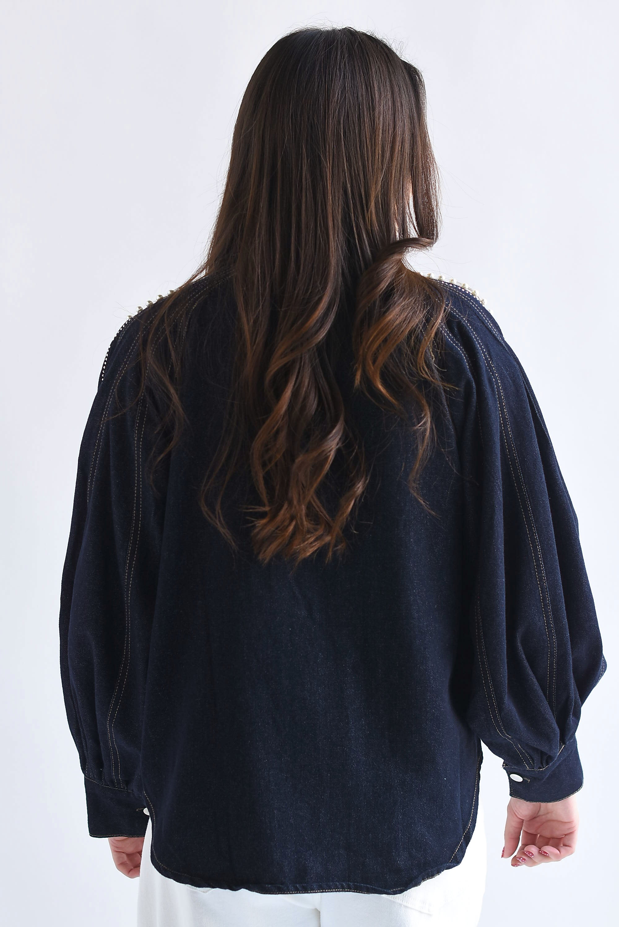 Shacket Denim manga globo perlas y brillos