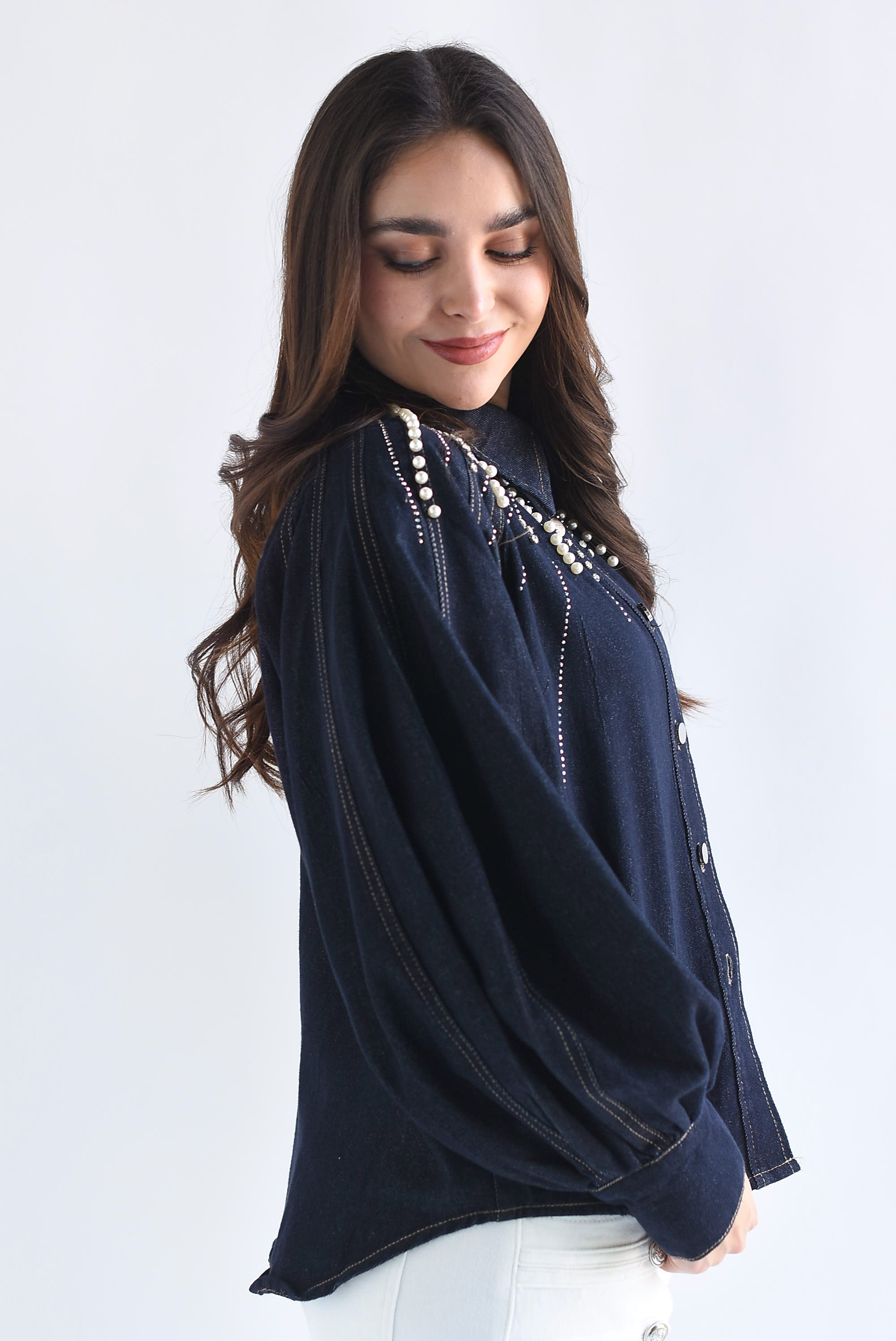 Shacket Denim manga globo perlas y brillos