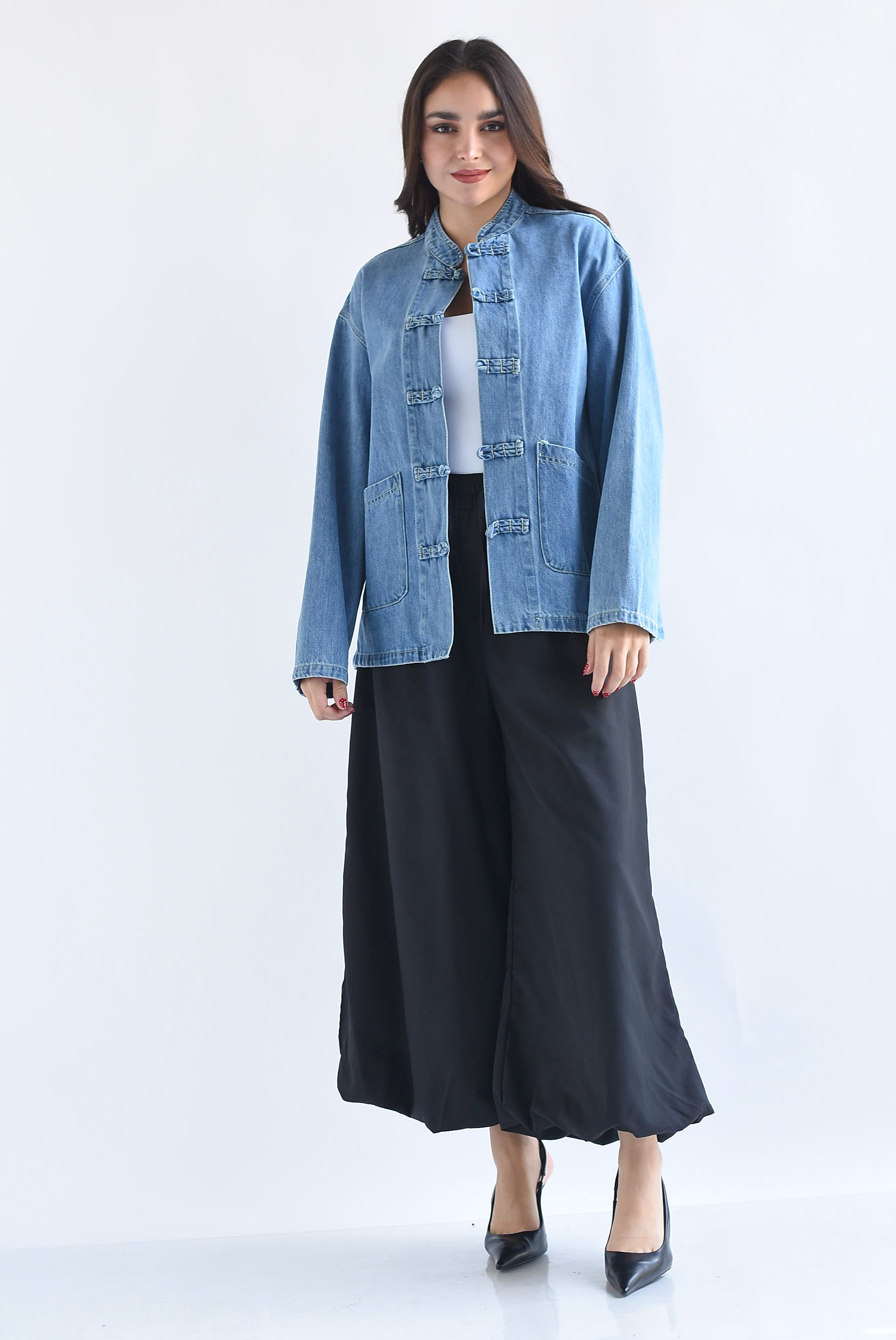 Chamarra Denim lazos chinos