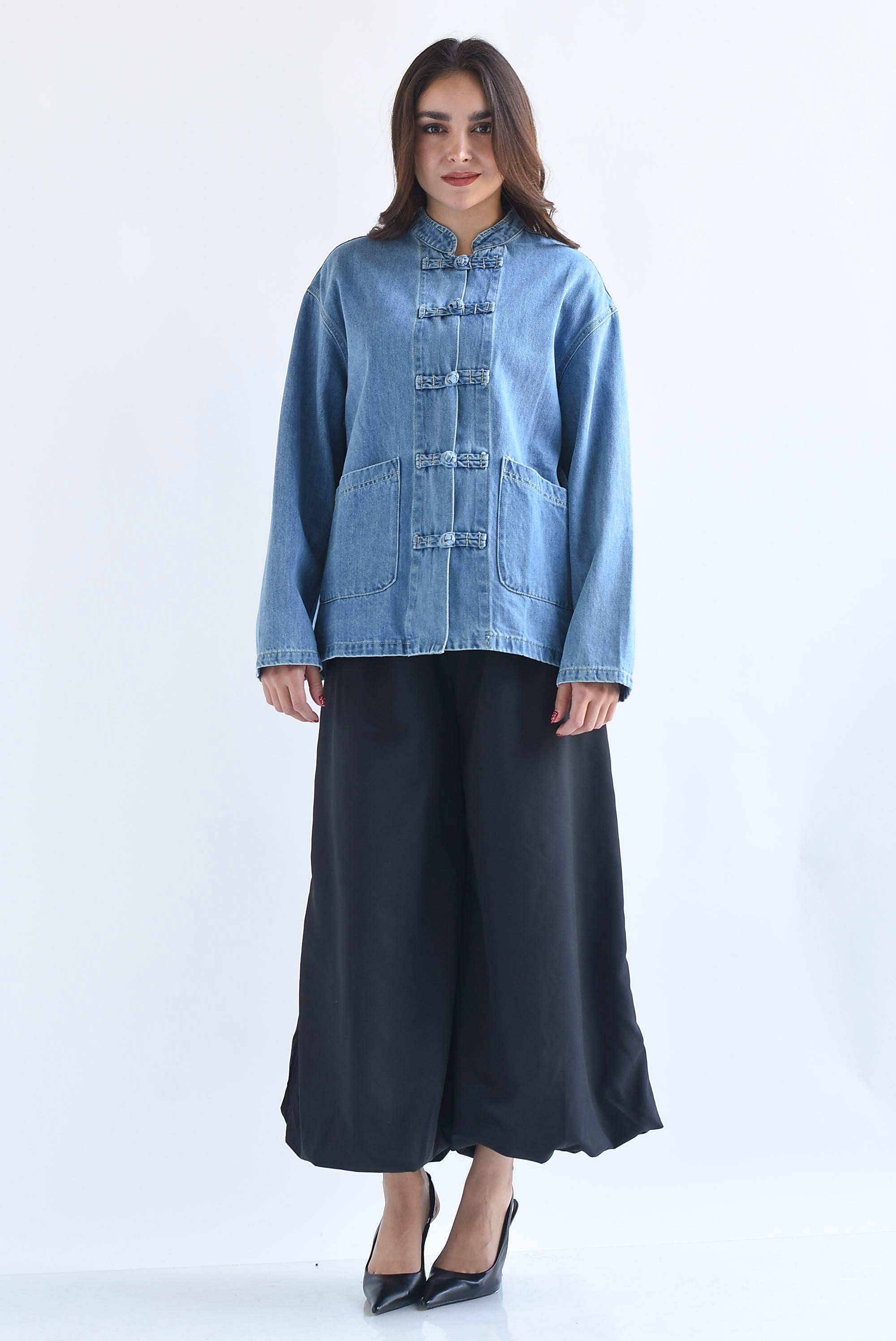 Chamarra Denim lazos chinos