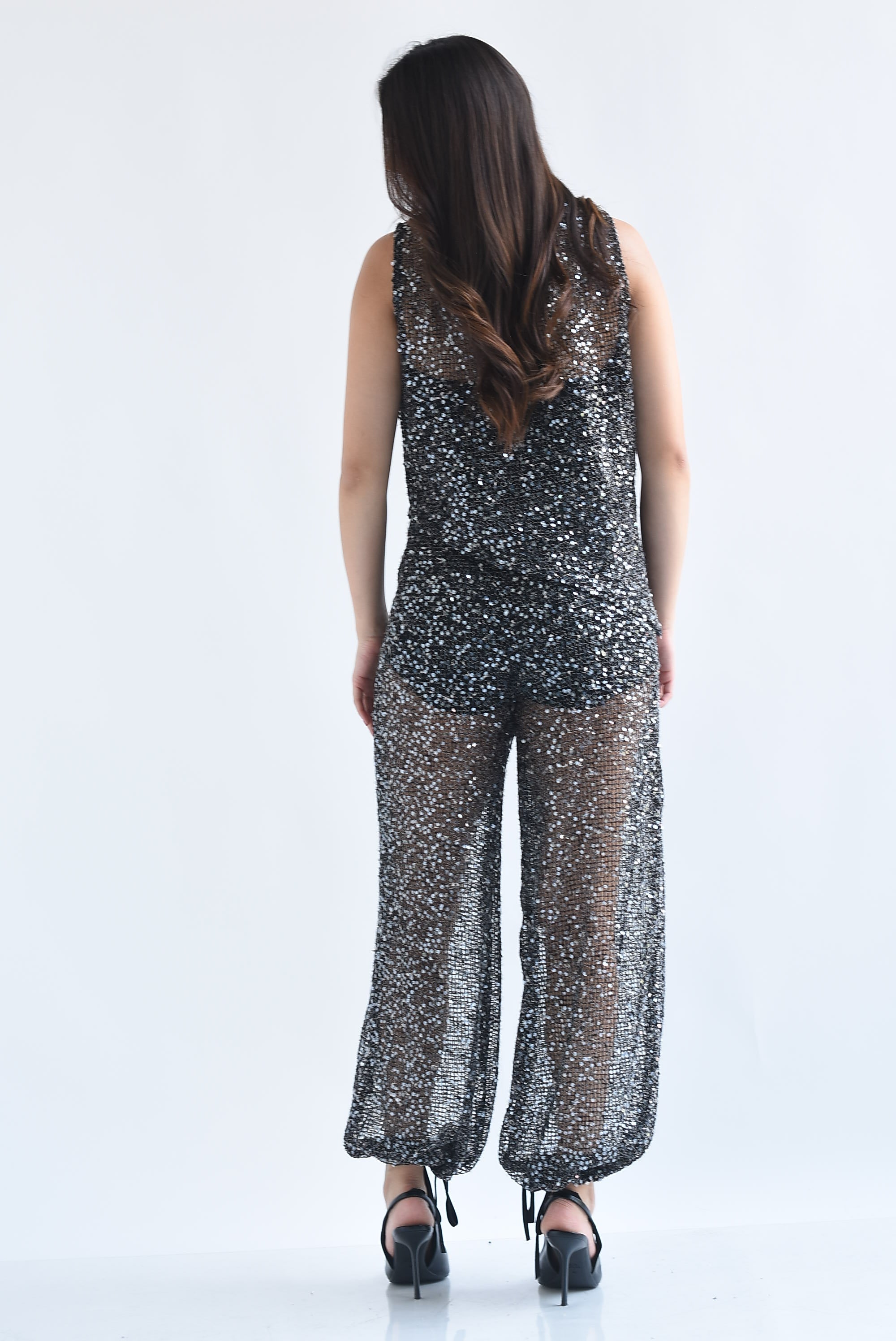 Set Pantalón globo y Blusa asimétrica fishnet lentejuela