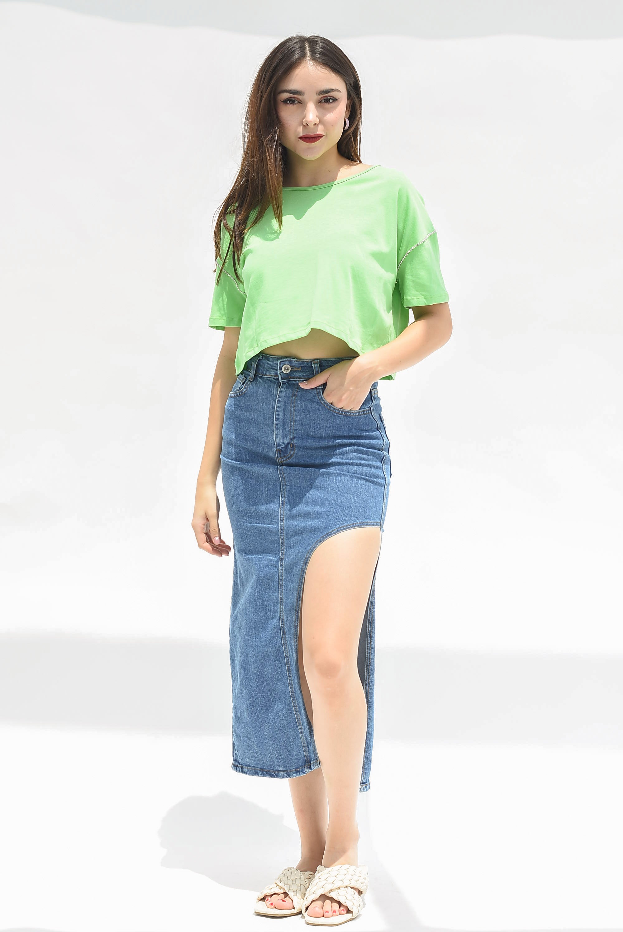 Falda larga denim abertura lateral