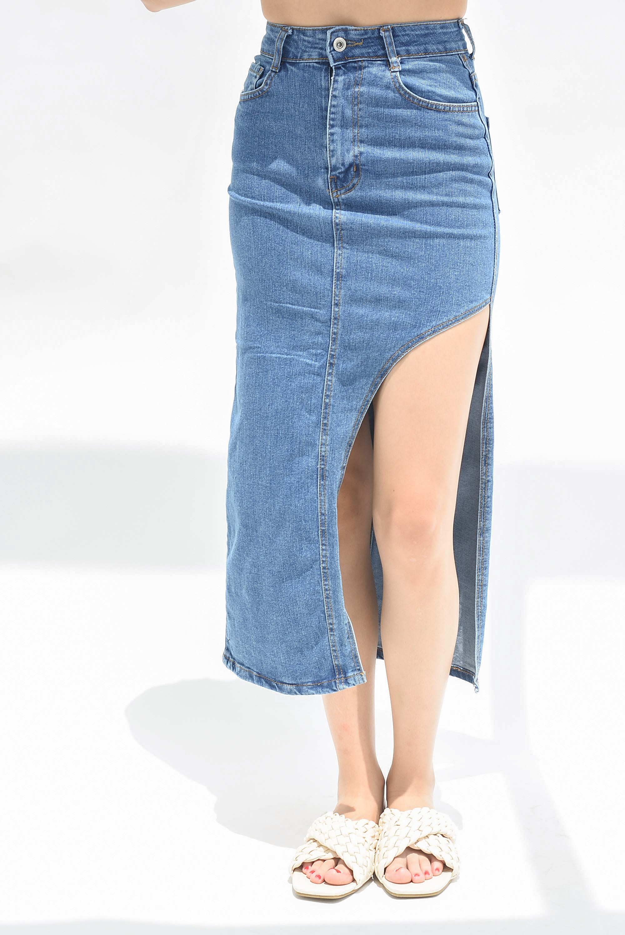 Falda larga denim abertura lateral