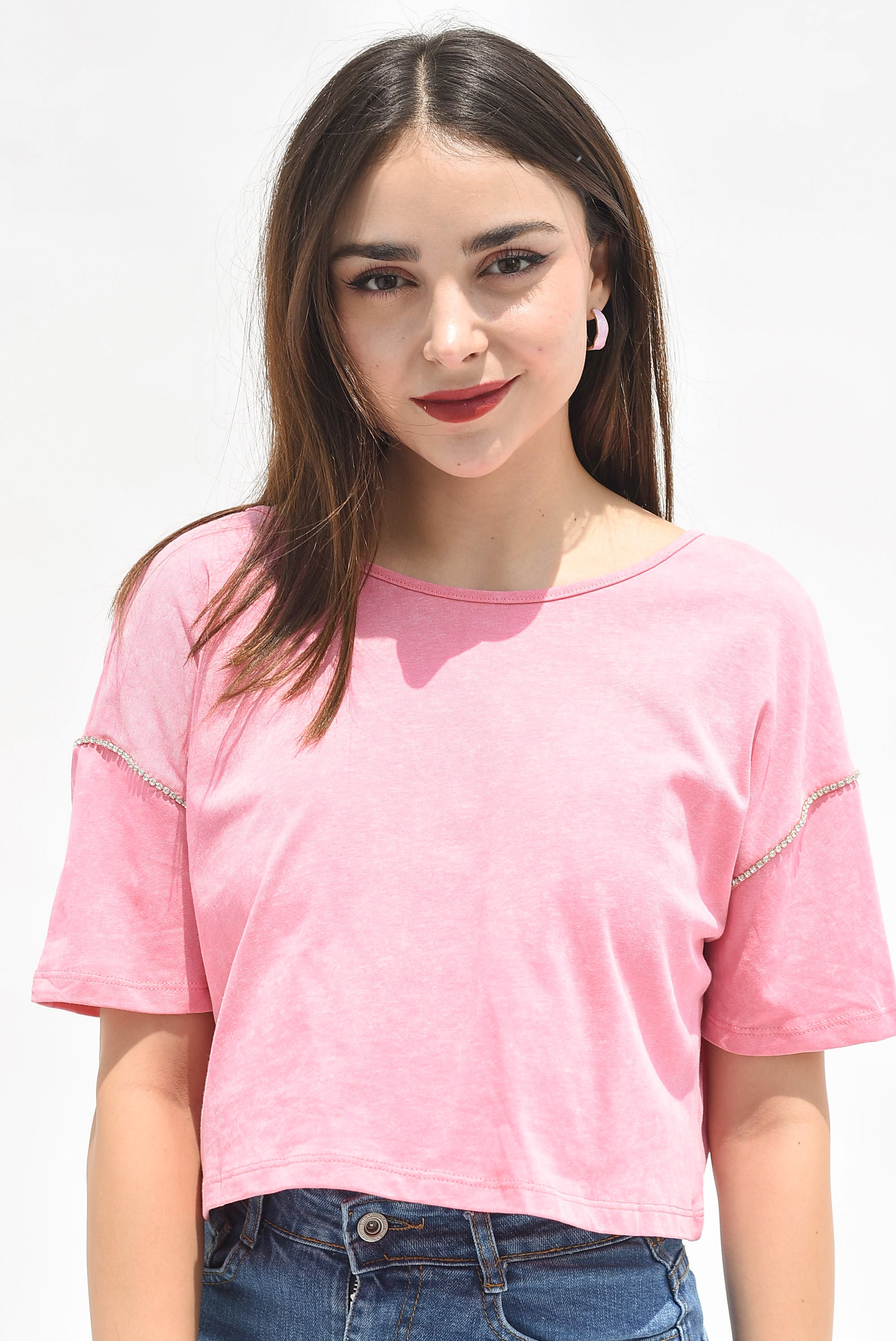T-Shirt crop con brillos Rosa