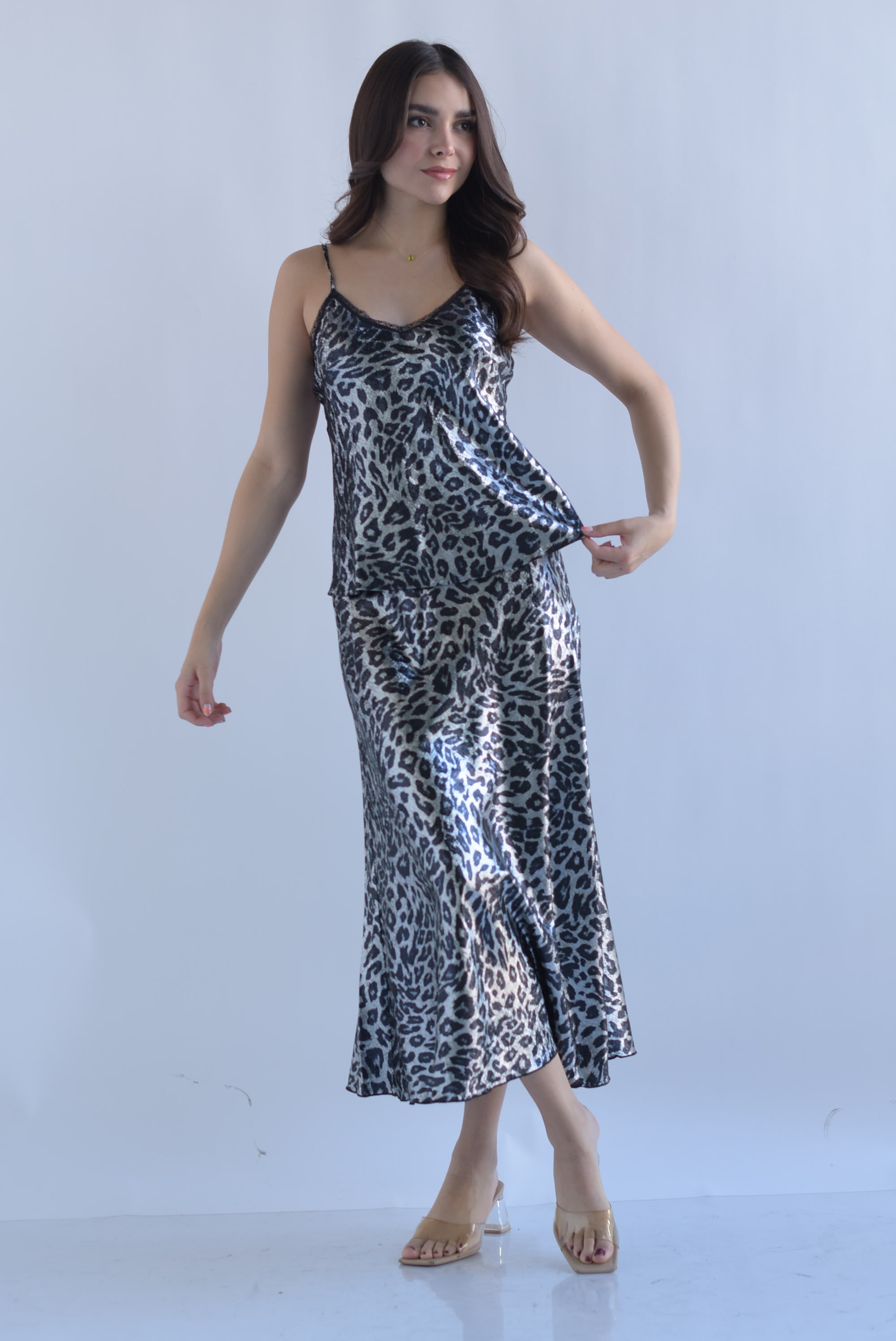 Falda lencera metalizada leopardo Plata