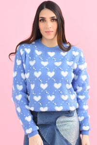 Fashion Styled Sweater corazones y brillos Azul