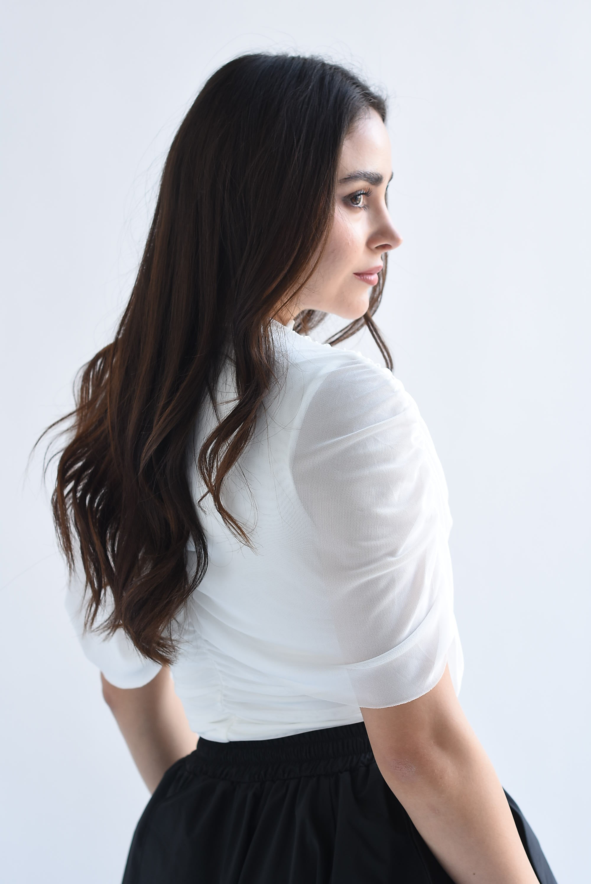 Blusa mesh capa drapeada cruzada
